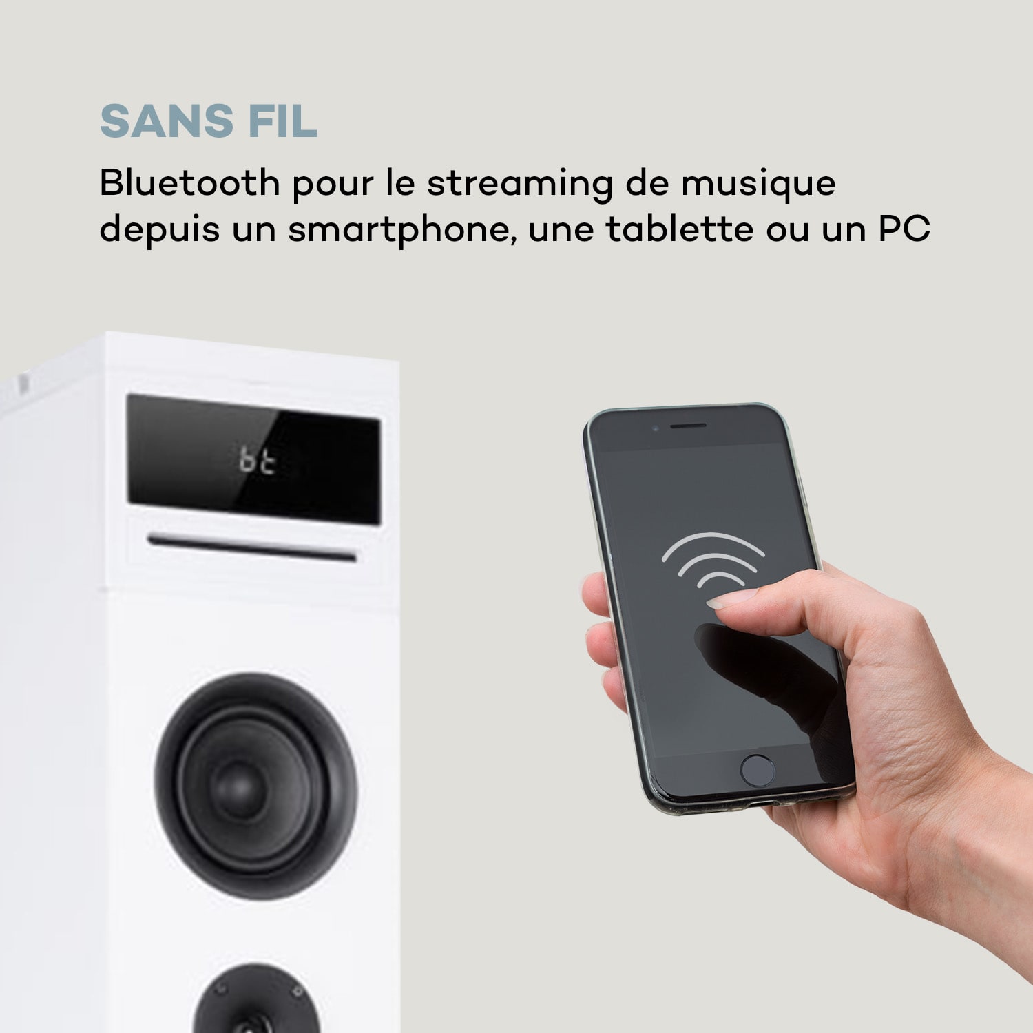 Karaboom 100 Sing Enceinte colonne karaoké 120W Lecteur CD 2 micros sans fi Blanc
