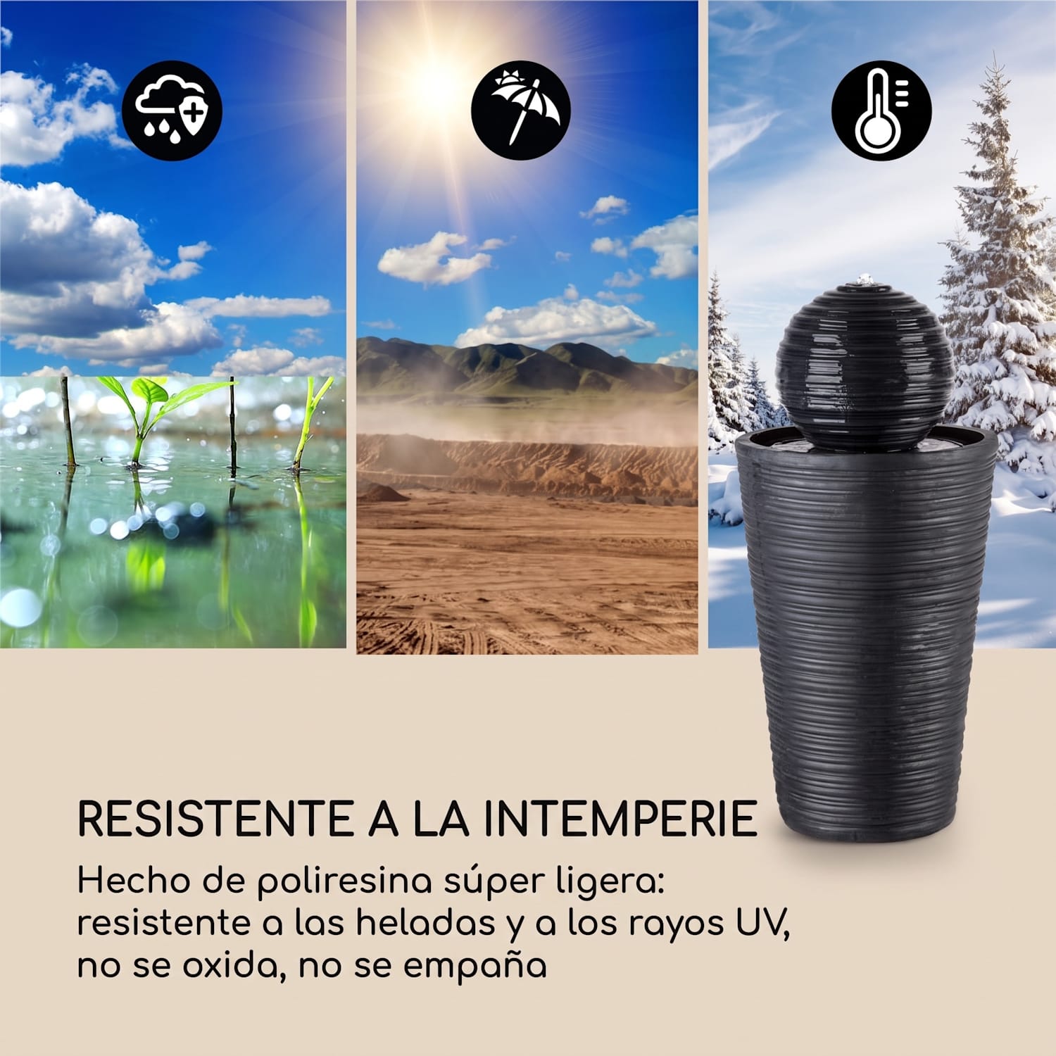 Liquitorre XL fuente solar 200l/h panel solar 2W batería LED polirresina 34 x 70 x 34 cm