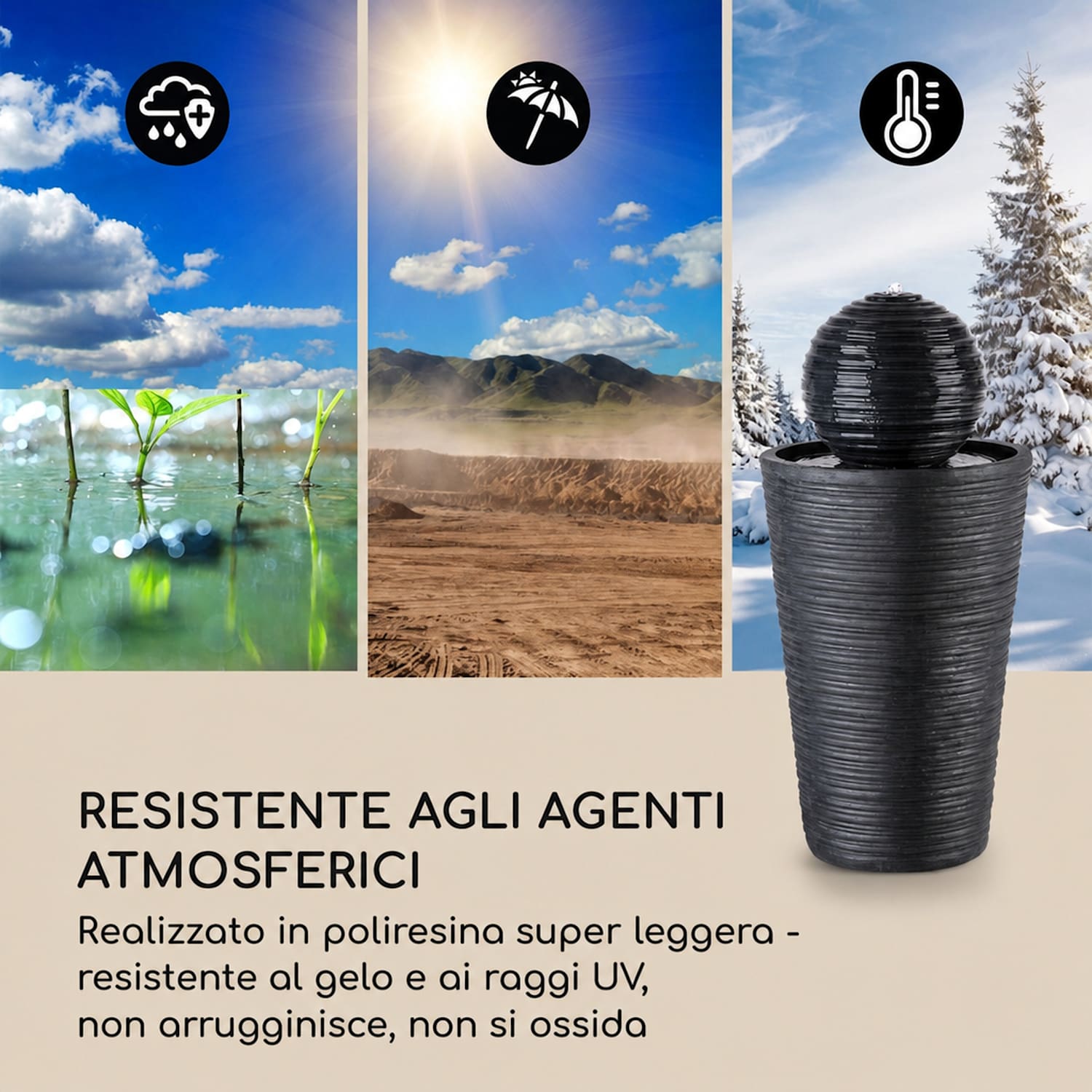 Liquitorre XL fontana solare 200l/h pannello solare 2W batteria LED in poliresina 34 x 70 x 34 cm