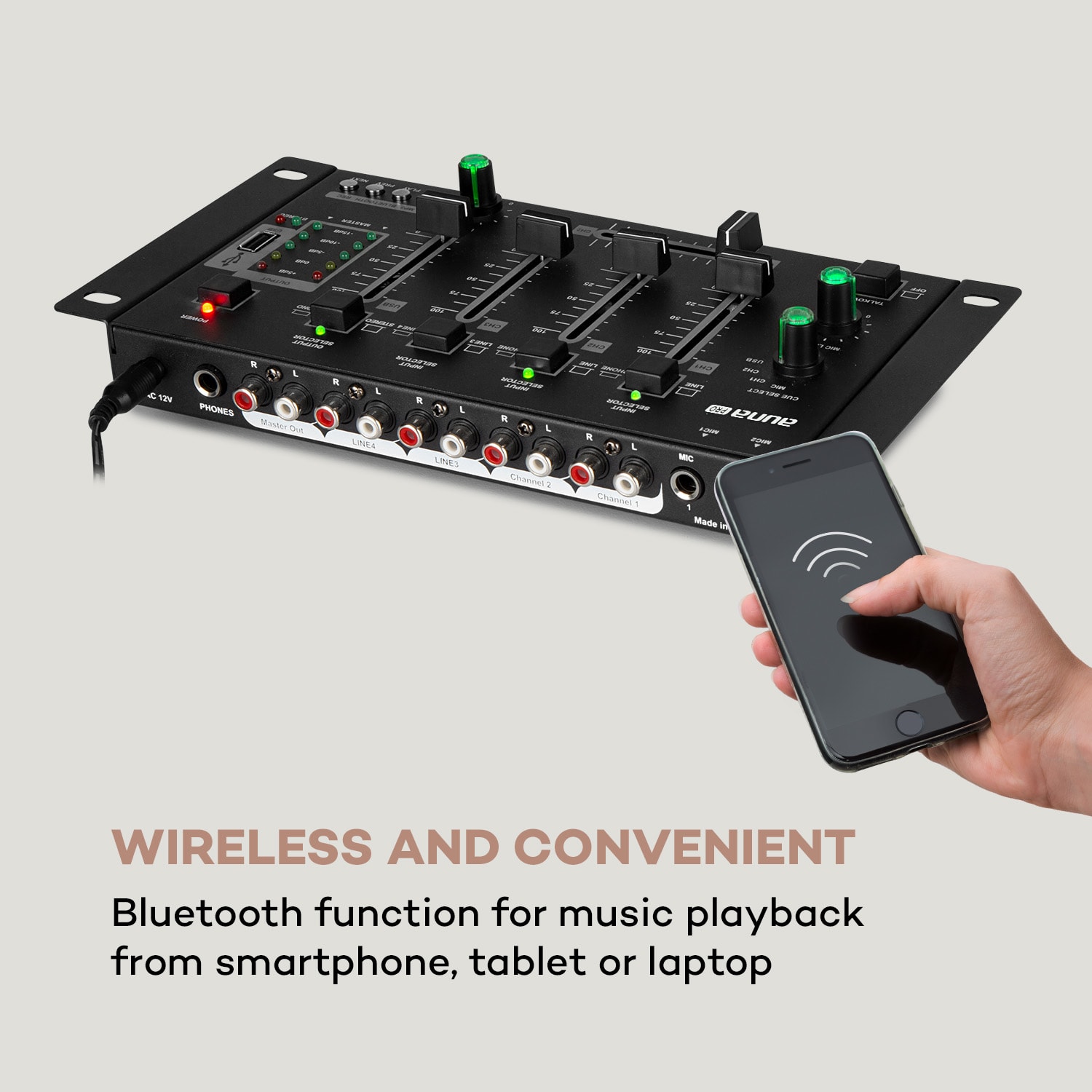 Amnesia, 4-kanálový mixážny pult, BT, USB, MP3, 2 x Micro, čierny