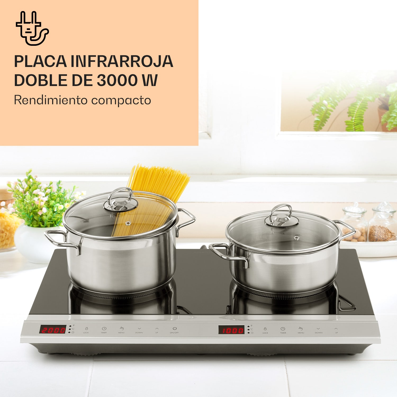 MisterCook Duo Placa de cocción con infrarrojos de 3000 W, 90-650 °C y temporizador de apagado 