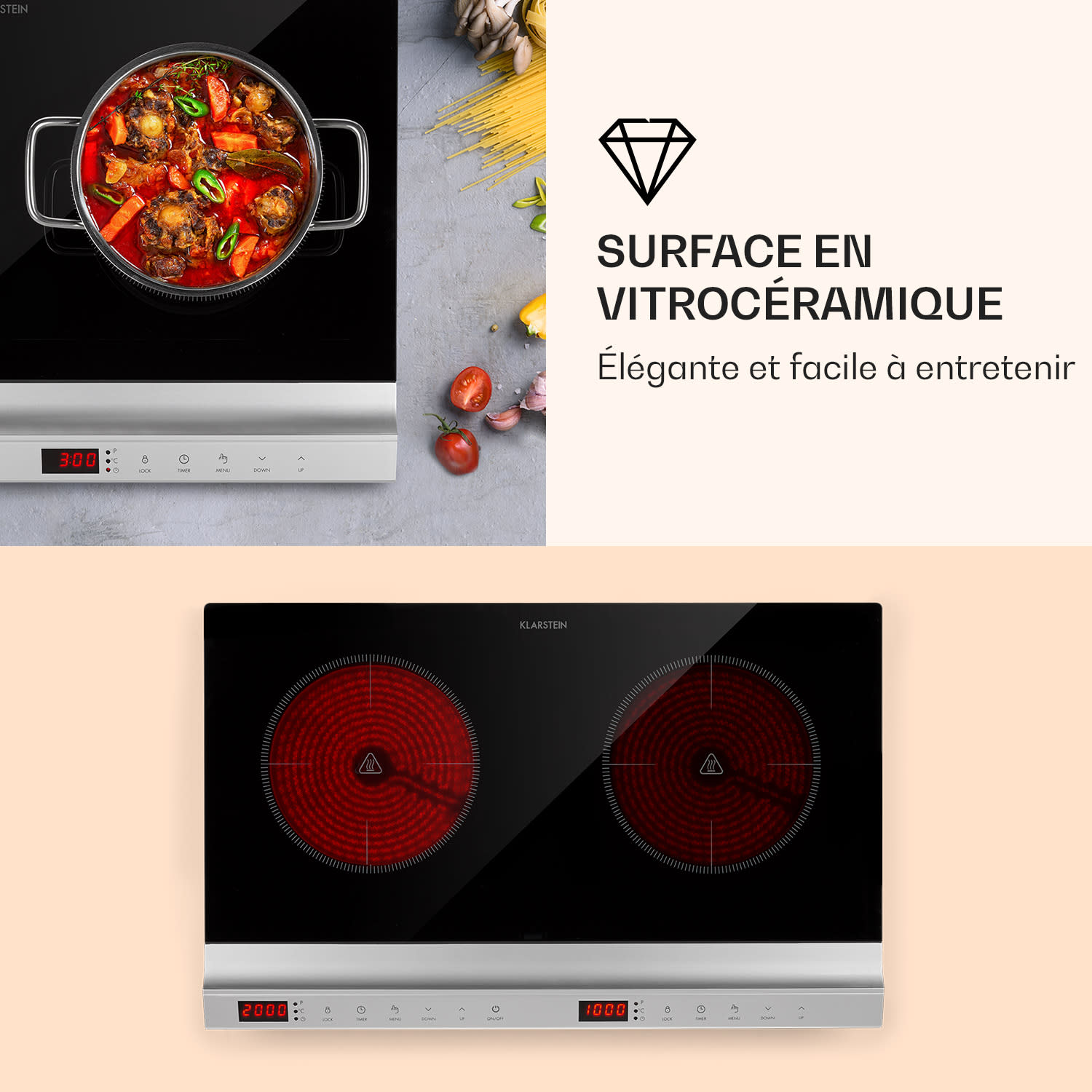 MisterCook Duo Plaque de cuisson infrarouge 3000W 90-650°C Minuterie d'arrêt 