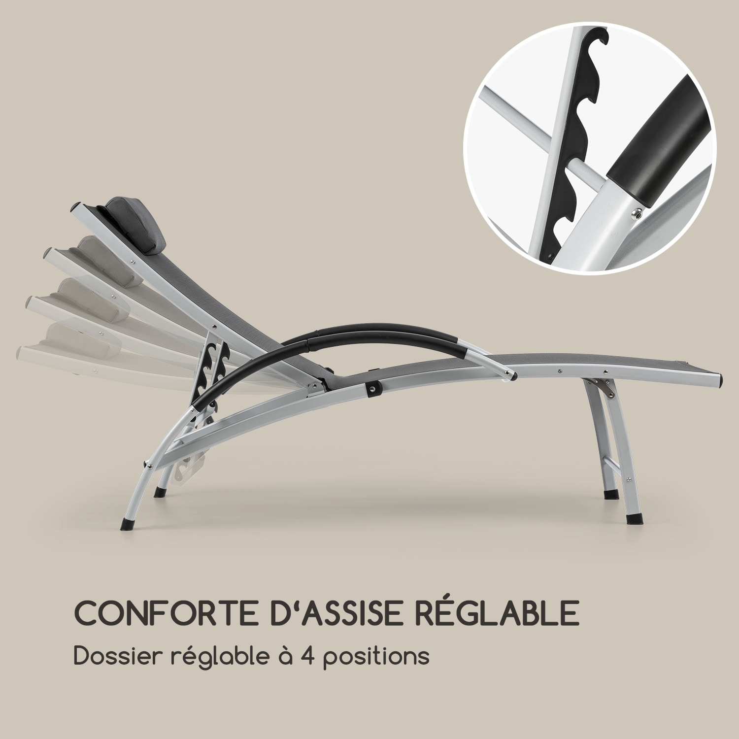 Sun Valley Chaise longue pliante de jardin avec coussin - gris Gris Foncé