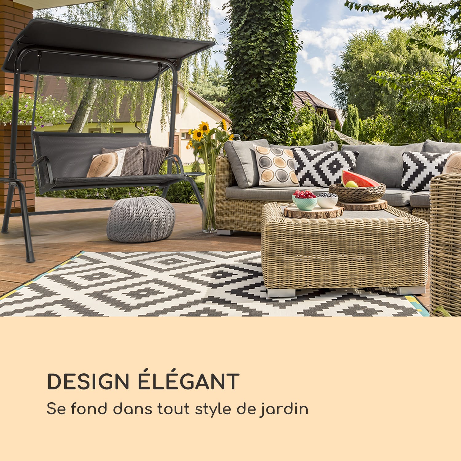 Bel Air Mono Swing Balancelle avec auvent - cadre acier noir 