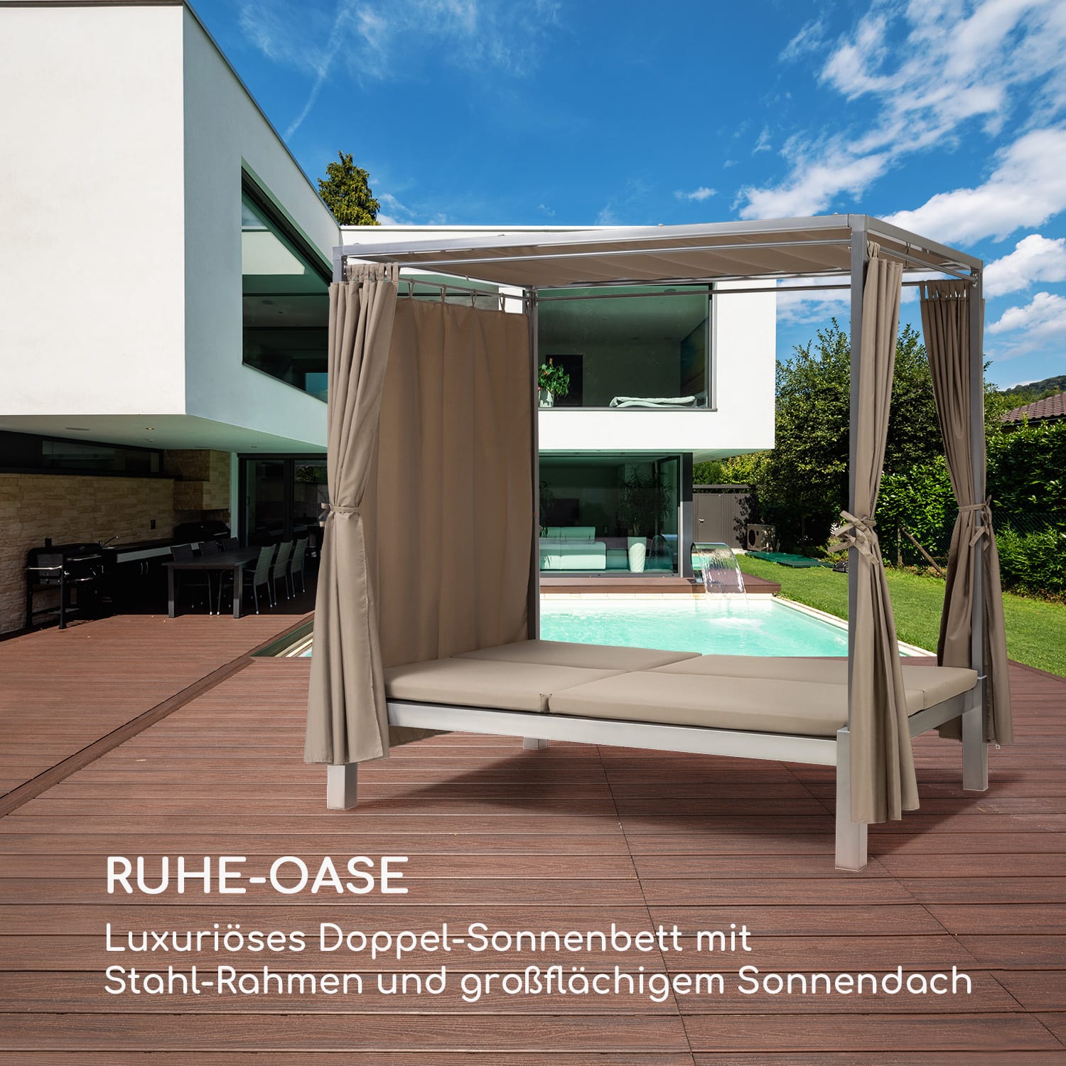 Eremitage Double Sunbed 2 Pers Stahl-Rahmen Sonnendach Vorhänge taupe Erdbraun / Sand