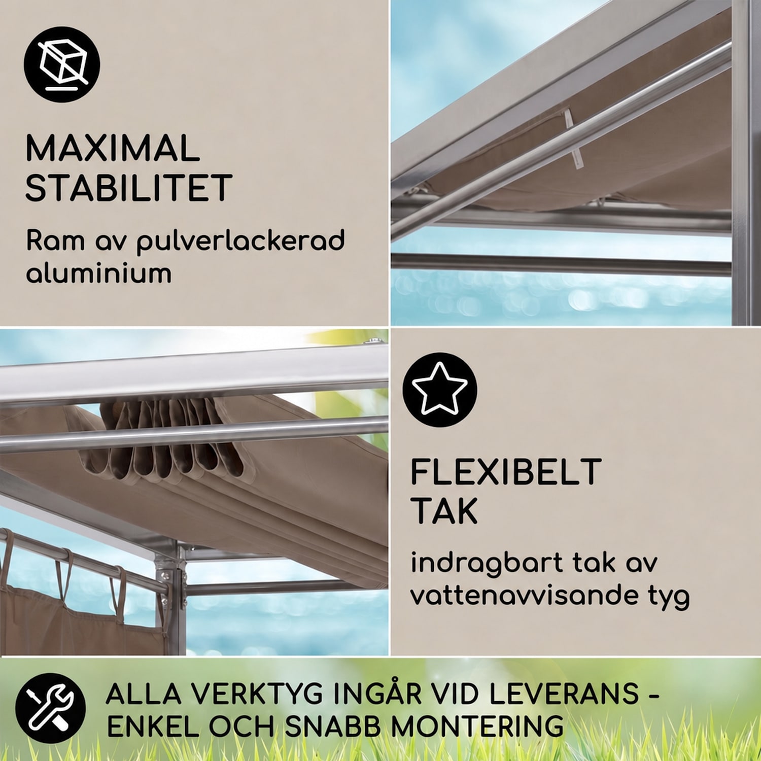 Eremitage Double Sunbed 2-personers solstol med stålram, soltak och gardiner i färgen taupe Jordbrun/sand