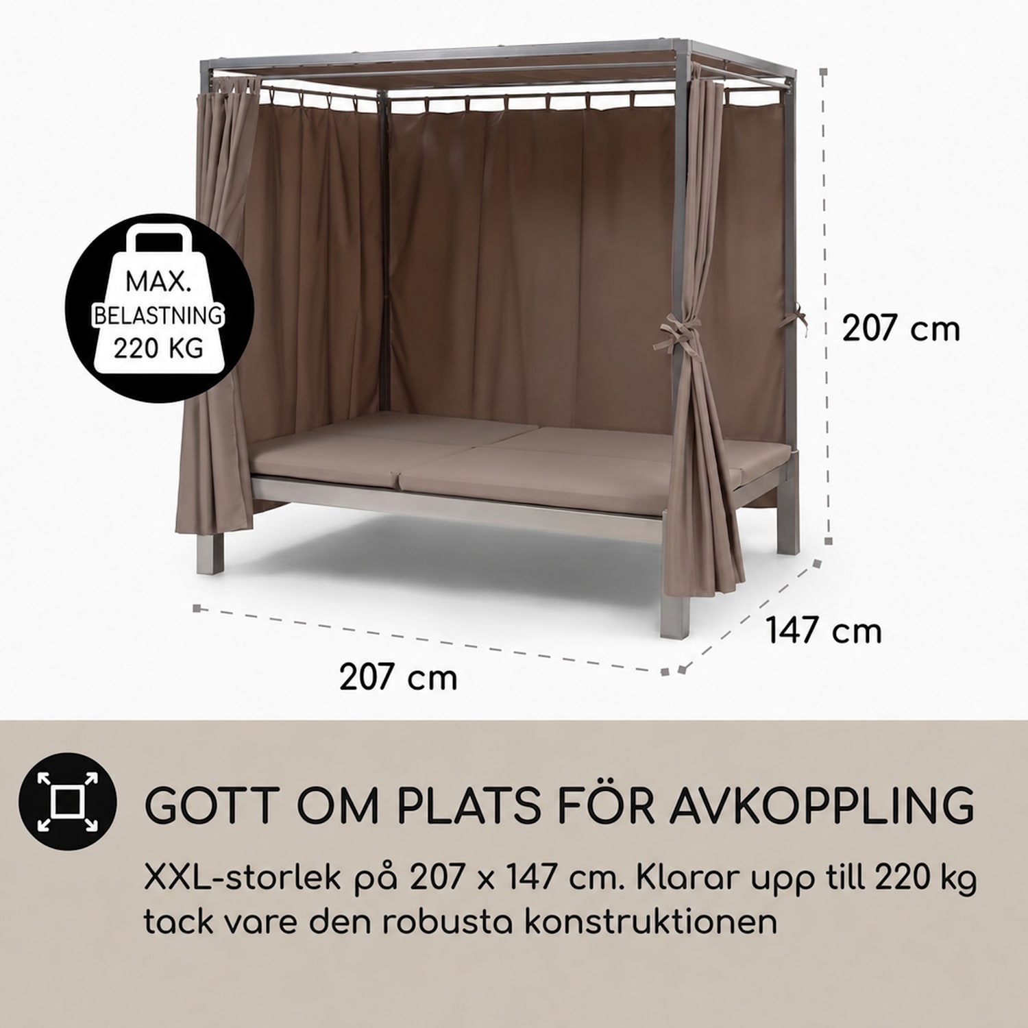 Eremitage Double Sunbed 2-personers solstol med stålram, soltak och gardiner i färgen taupe Jordbrun/sand