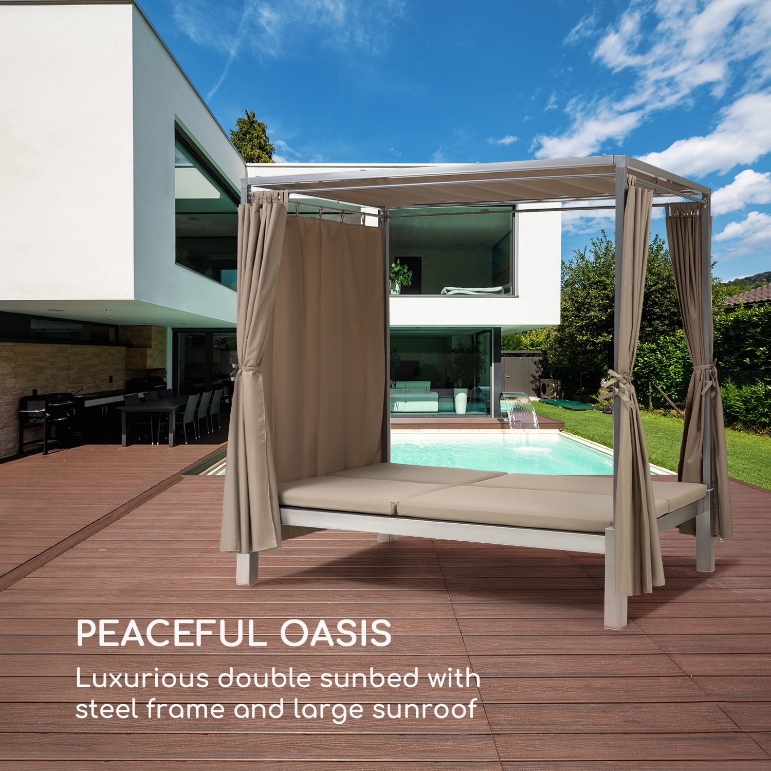 Eremitage Double Sunbed, lehátko, pre 2 osoby, oceľový rám, slnečná strieška, závesy, taupe Zemitá hnedá / piesok