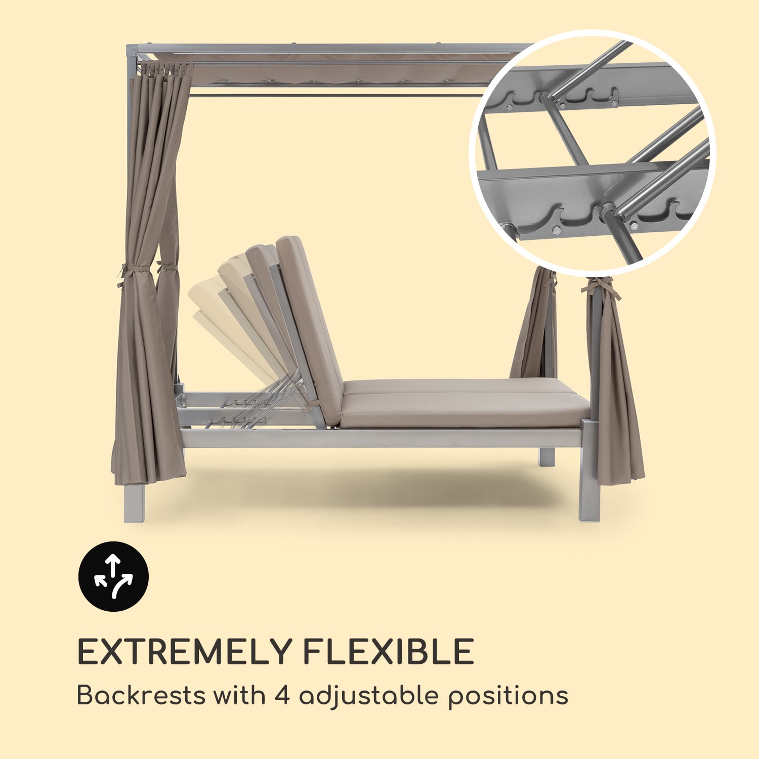 Eremitage Double Sunbed, lehátko, pre 2 osoby, oceľový rám, slnečná strieška, závesy, taupe Zemitá hnedá / piesok