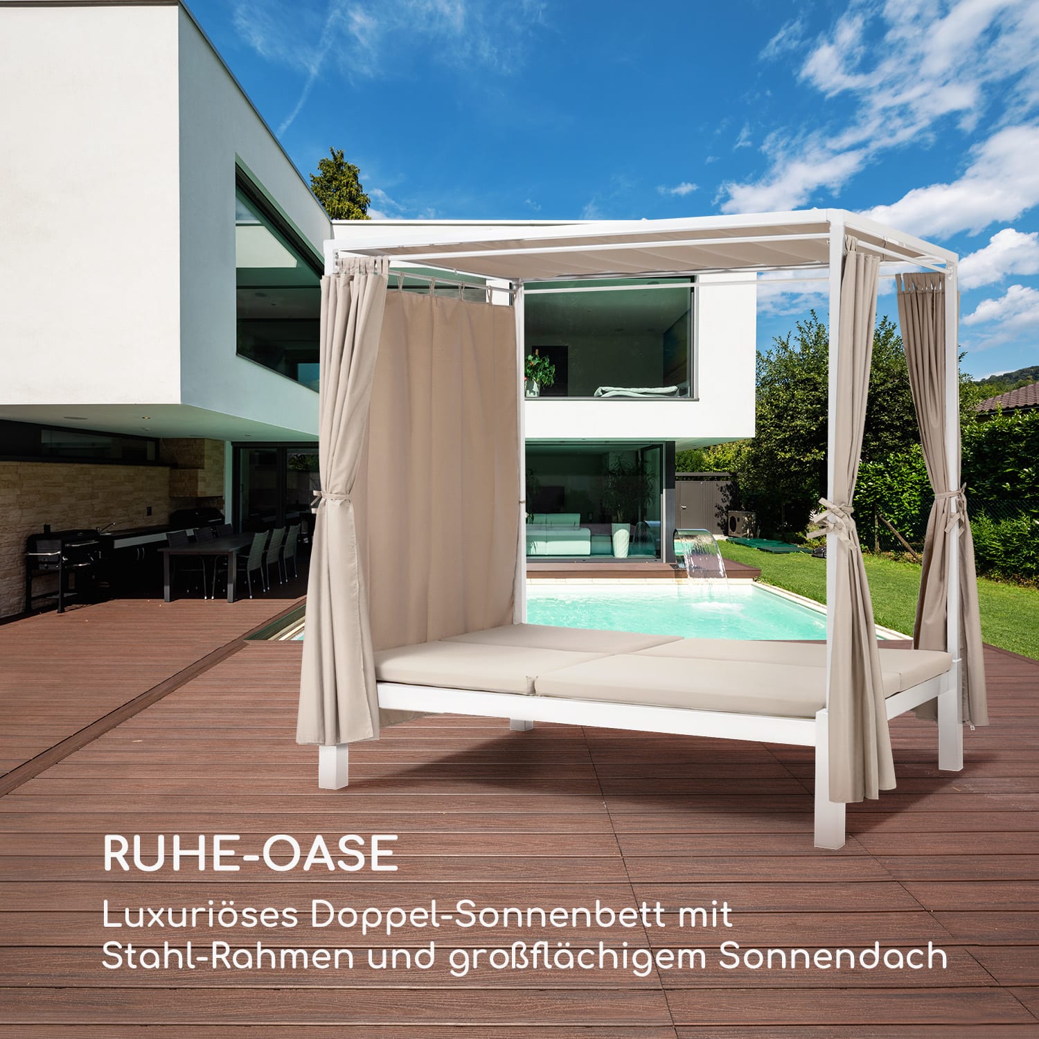 Eremitage Double Sunbed 2 Pers Stahl-Rahmen Sonnendach Vorhänge creme Weiß