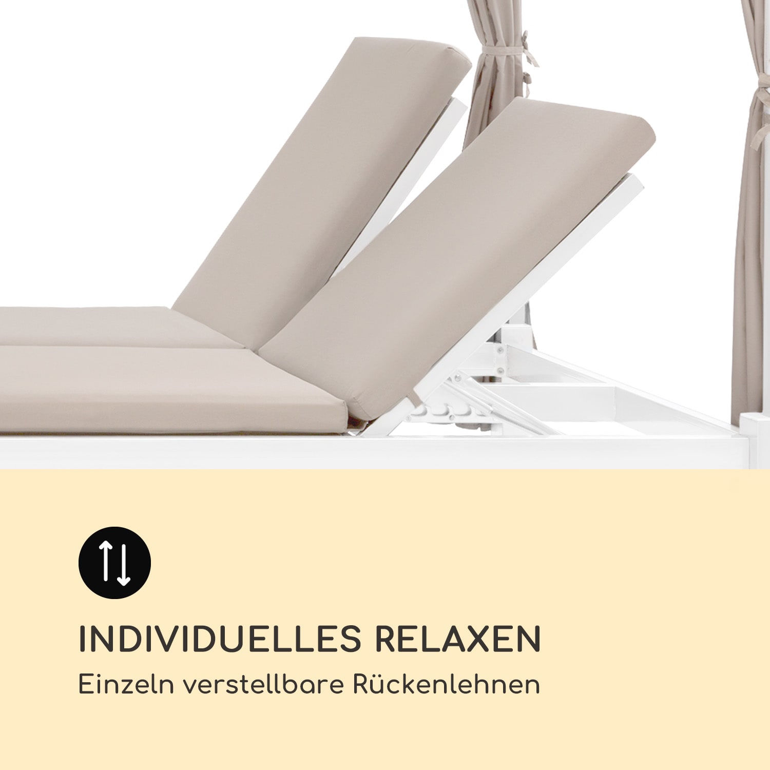 Eremitage Double Sunbed 2 Pers Stahl-Rahmen Sonnendach Vorhänge creme Weiß