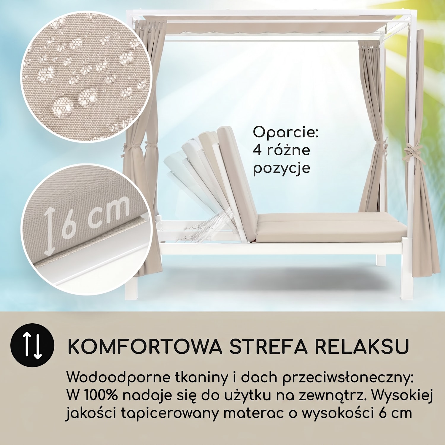 Eremitage Double Sunbed, leżak ogrodowy, 2-osobowy, leżanka, stal, dach przeciwsłoneczny, zasłonki Biały