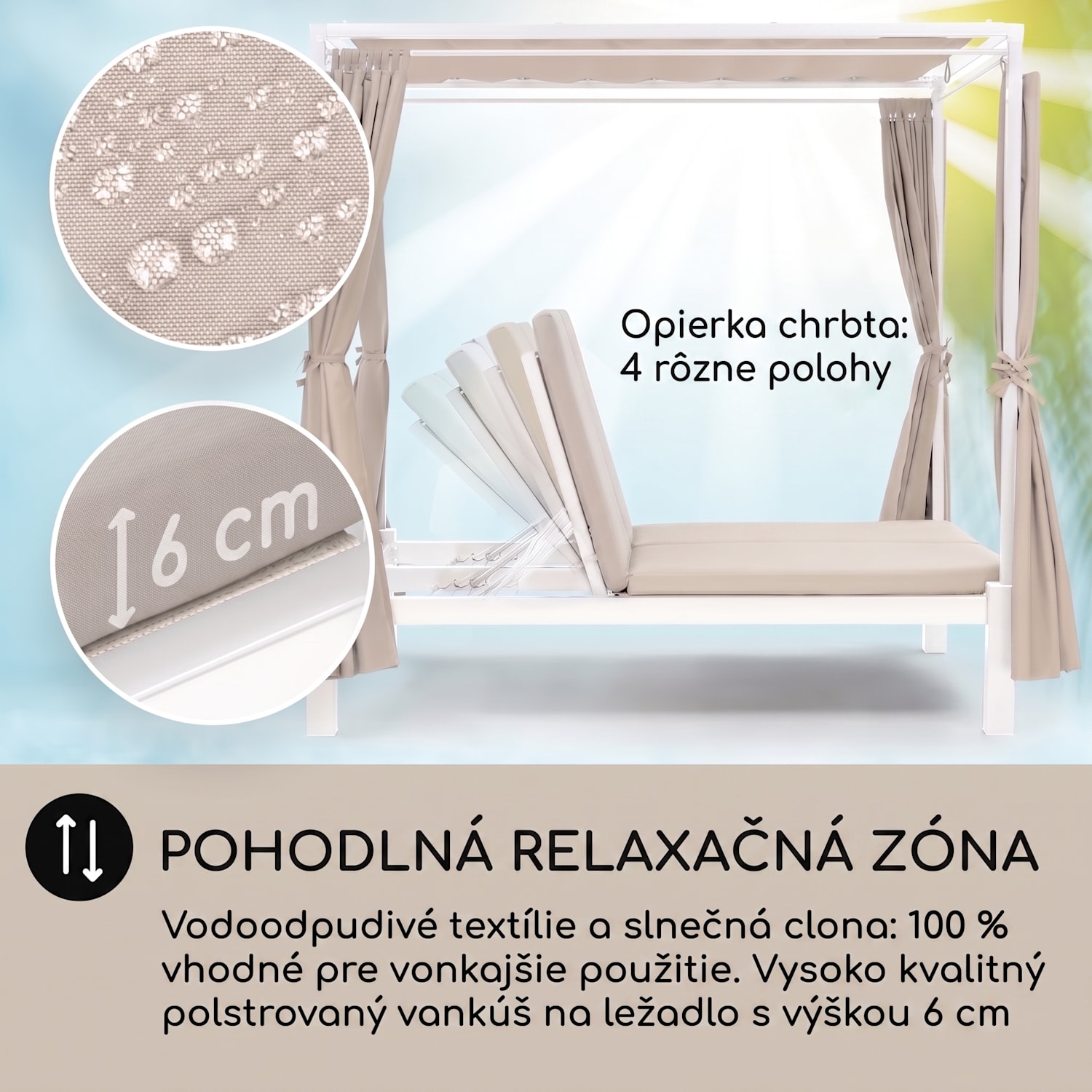 Eremitage Double Sunbed, lehátko, pre 2 osoby, oceľový rám, slnečná strieška, závesy, krémové Biela