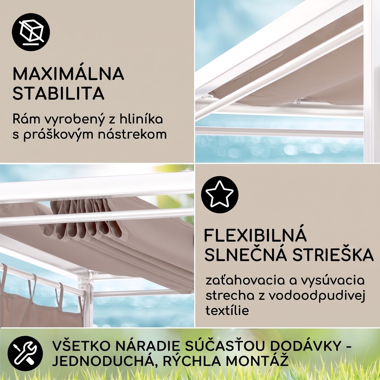 Eremitage Double Sunbed, lehátko, pre 2 osoby, oceľový rám, slnečná strieška, závesy, krémové Biela