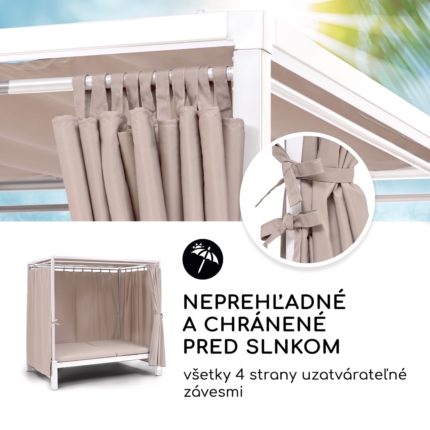Eremitage Double Sunbed, lehátko, pre 2 osoby, oceľový rám, slnečná strieška, závesy, krémové Biela
