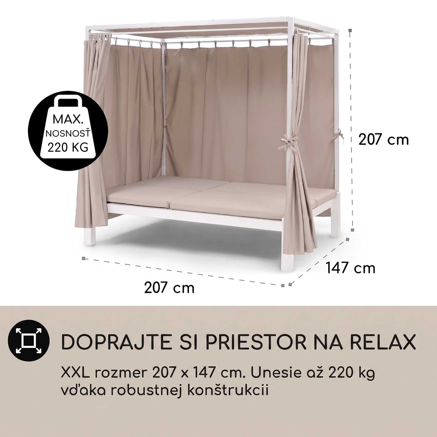 Eremitage Double Sunbed, lehátko, pre 2 osoby, oceľový rám, slnečná strieška, závesy, krémové Biela