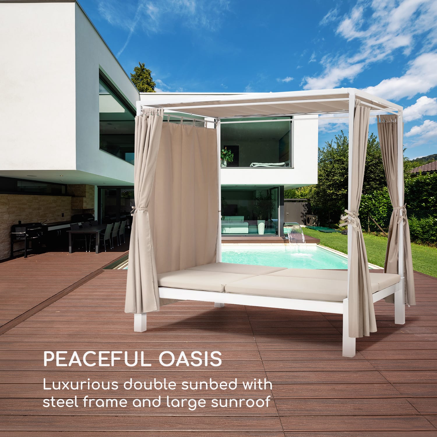 Eremitage Double Sunbed, lehátko, pre 2 osoby, oceľový rám, slnečná strieška, závesy, krémové Biela