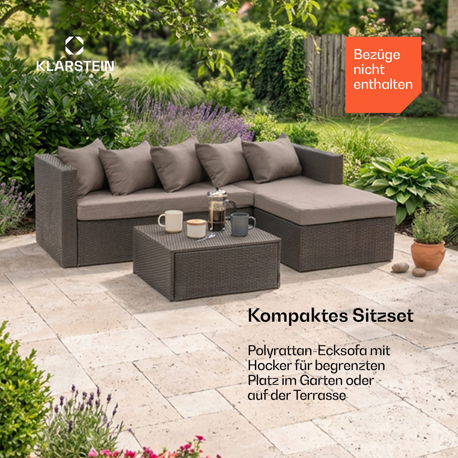 Theia Lounge Set Gartengarnitur Eckcouch Hocker 5 Kissen schwarz Schwarz