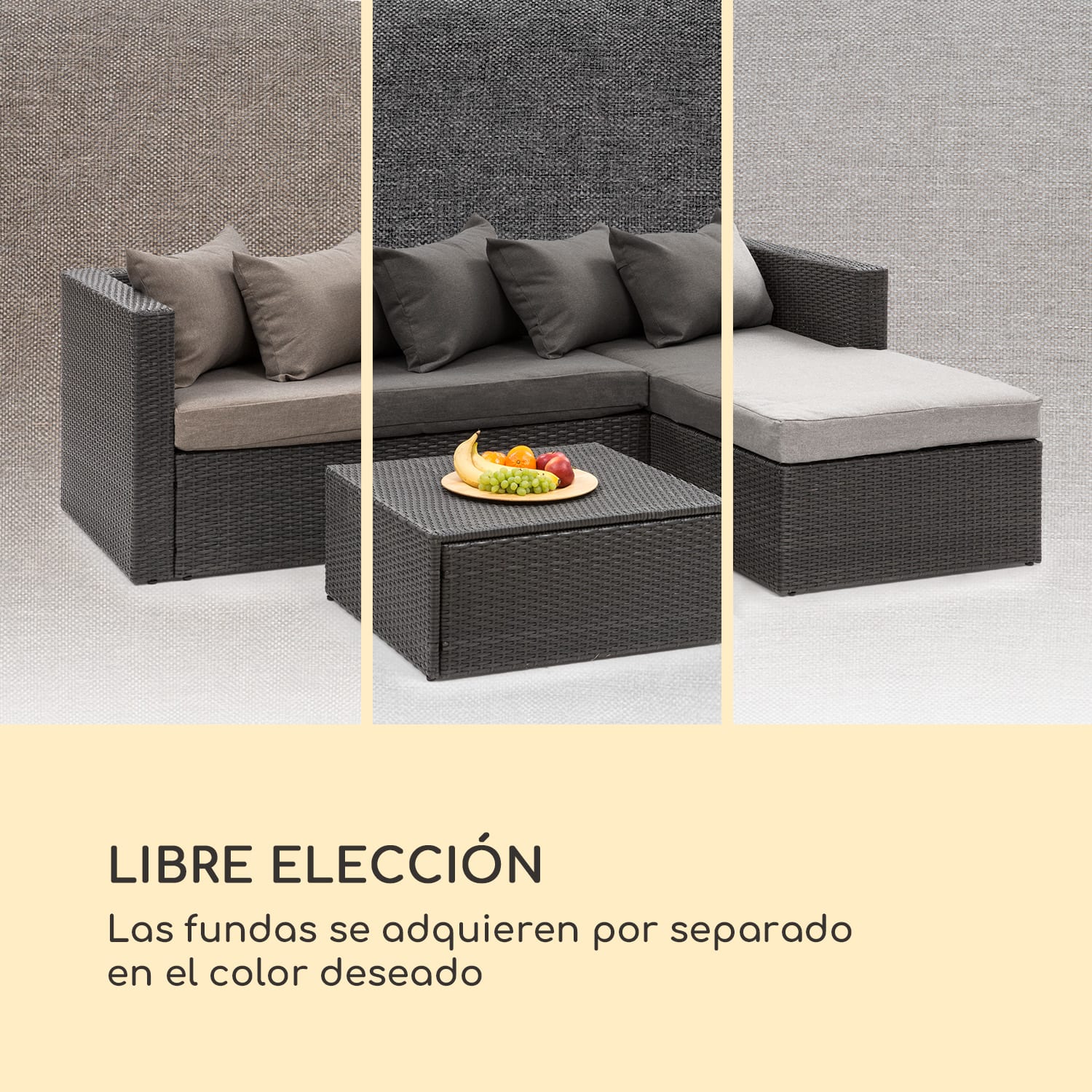 Theia Lounge Set juego de jardín Sofá esquinero taburete 5 cojines Negro Negro