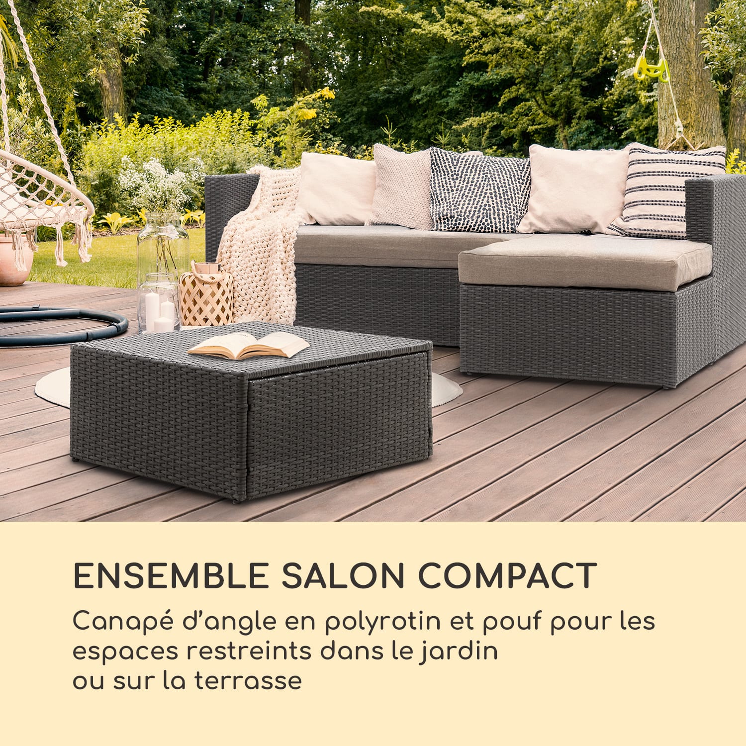 Theia Lounge Salon de jardin canapé d'angle pouf 5 coussins noir Crna