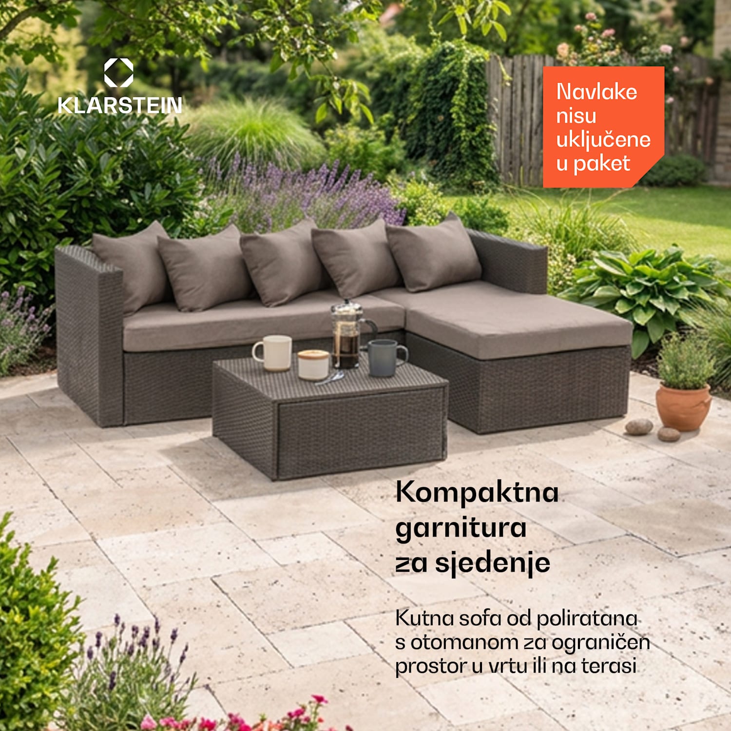 Theia Lounge Set, vrtni namještaj, kutna garnitura, stol, 5 jastuka, crna Crna