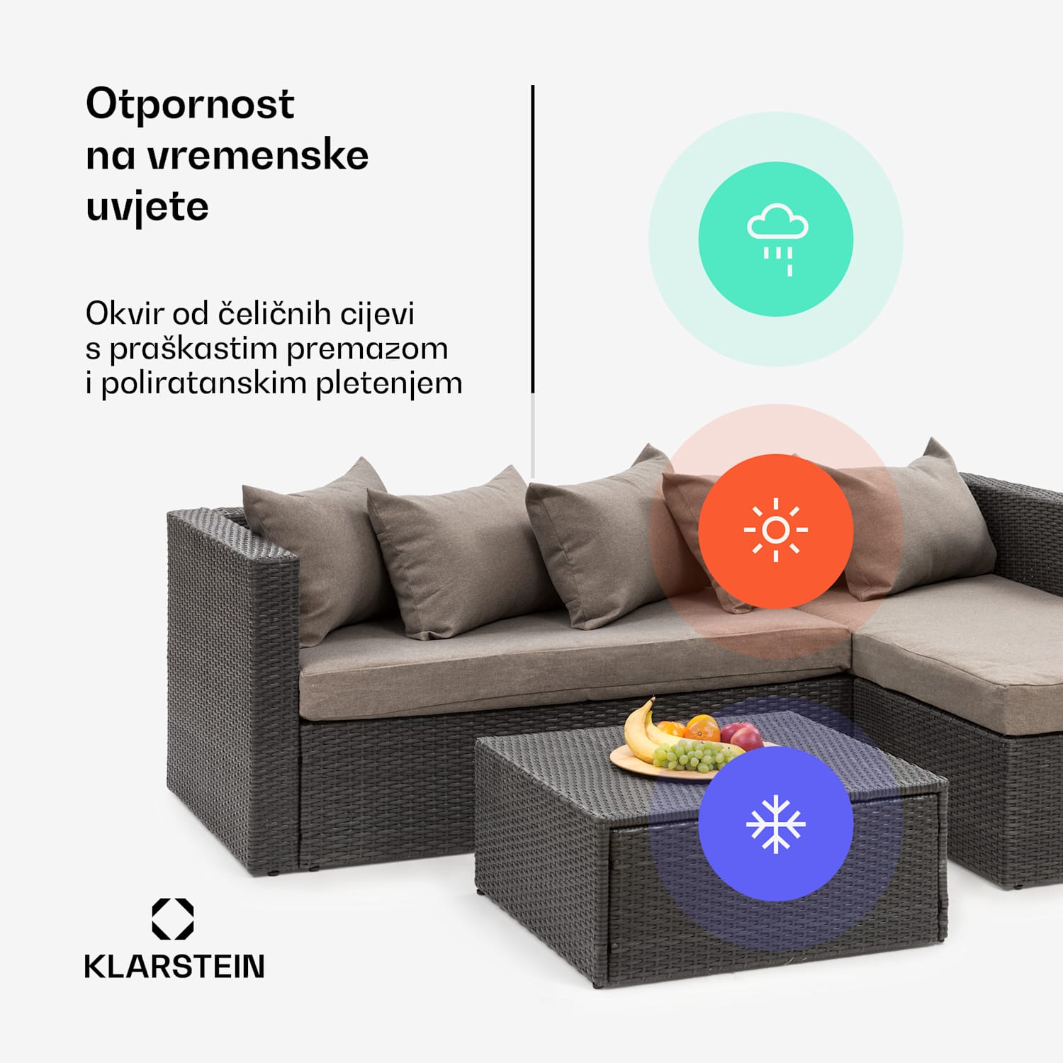 Theia Lounge Set, vrtni namještaj, kutna garnitura, stol, 5 jastuka, crna Crna