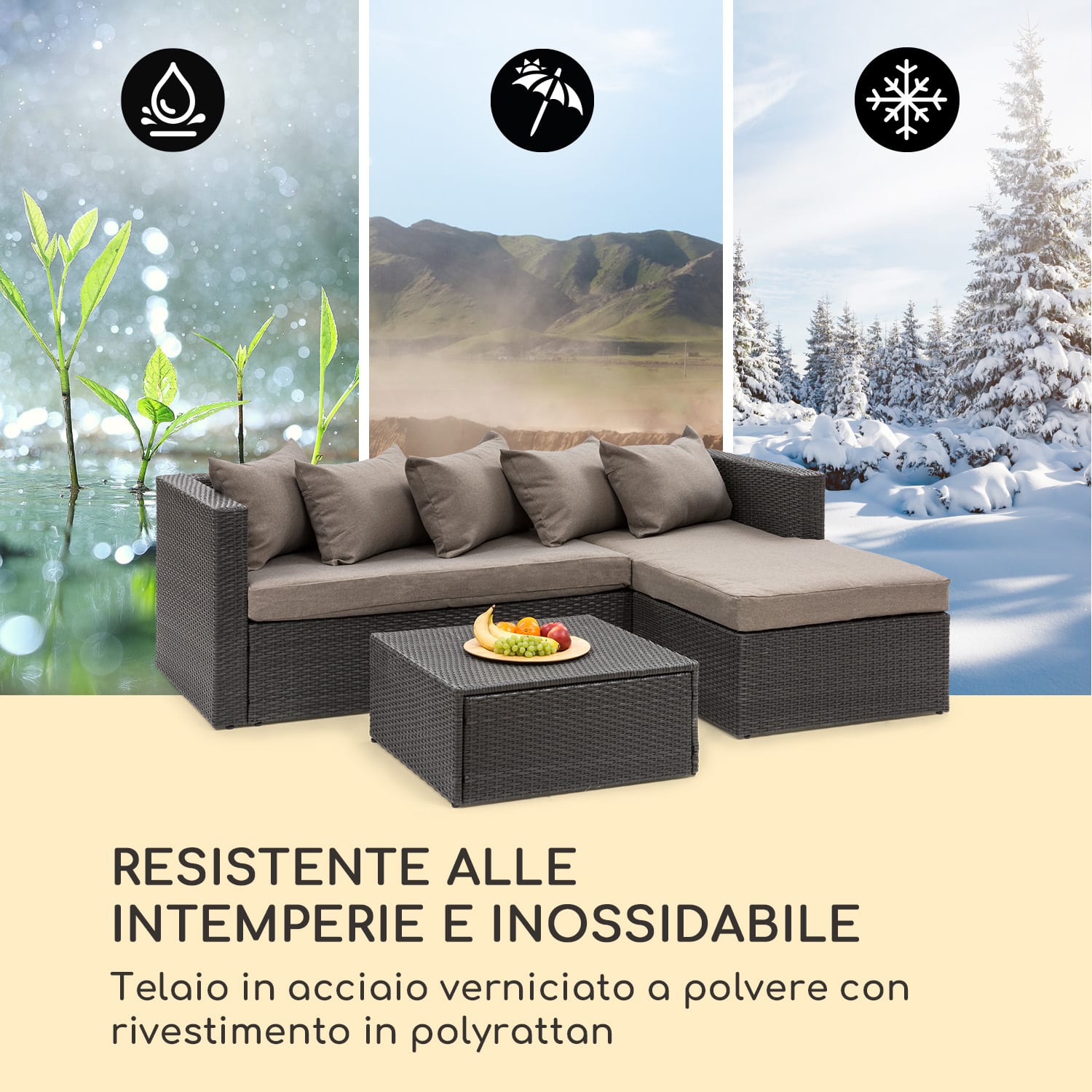 Theia Lounge Set Mobili da Giardino Divano Sgabello 5 Cuscini nero Preto
