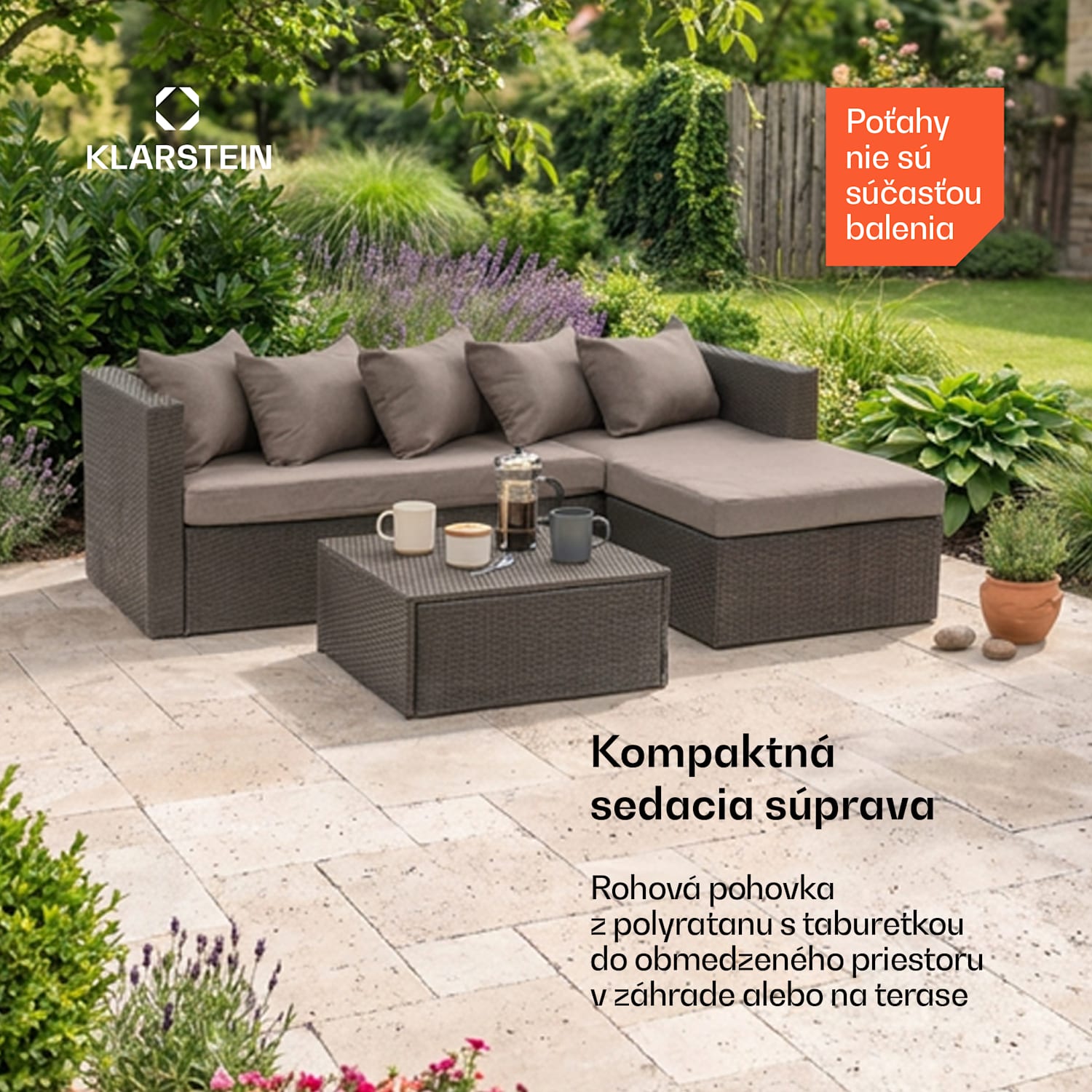 Theia Lounge Set, záhradná sedacia súprava, rohový gauč, stolček, 5 vankúšov, čierna Čierna