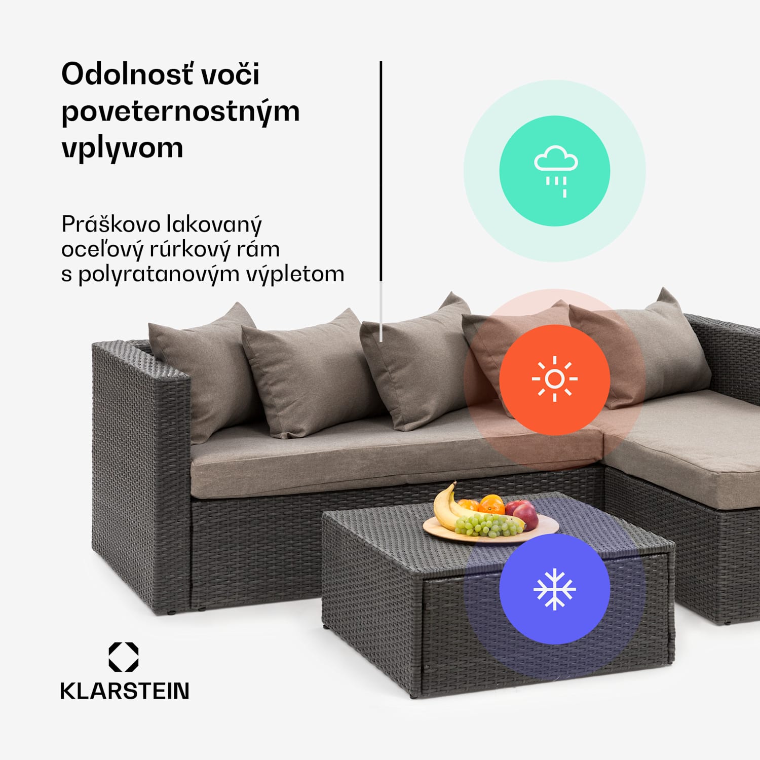 Theia Lounge Set, záhradná sedacia súprava, rohový gauč, stolček, 5 vankúšov, čierna Čierna