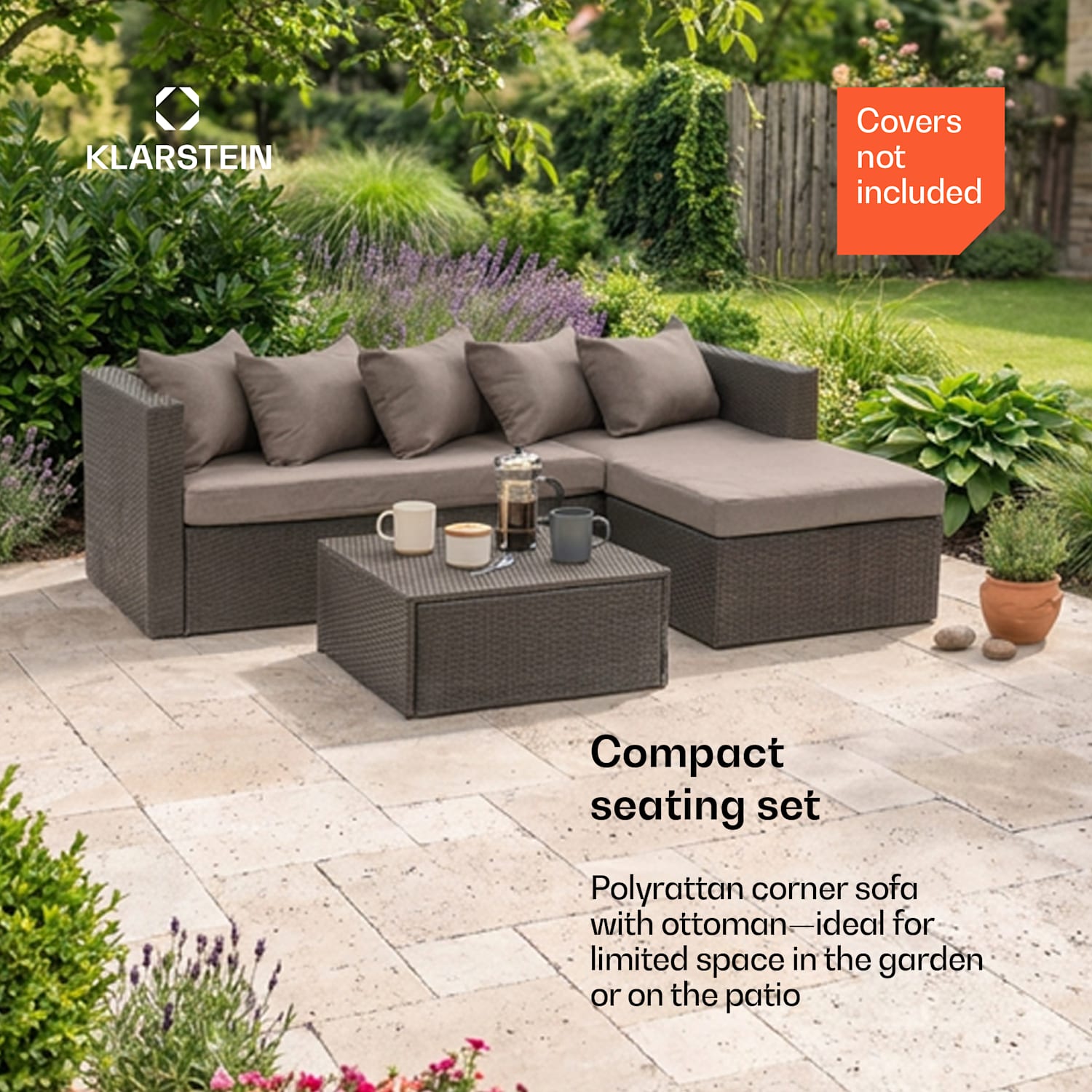 Theia Conjunto Lounge Jardim Sofá de Canto Banco 5 Almofadas Preto Preto