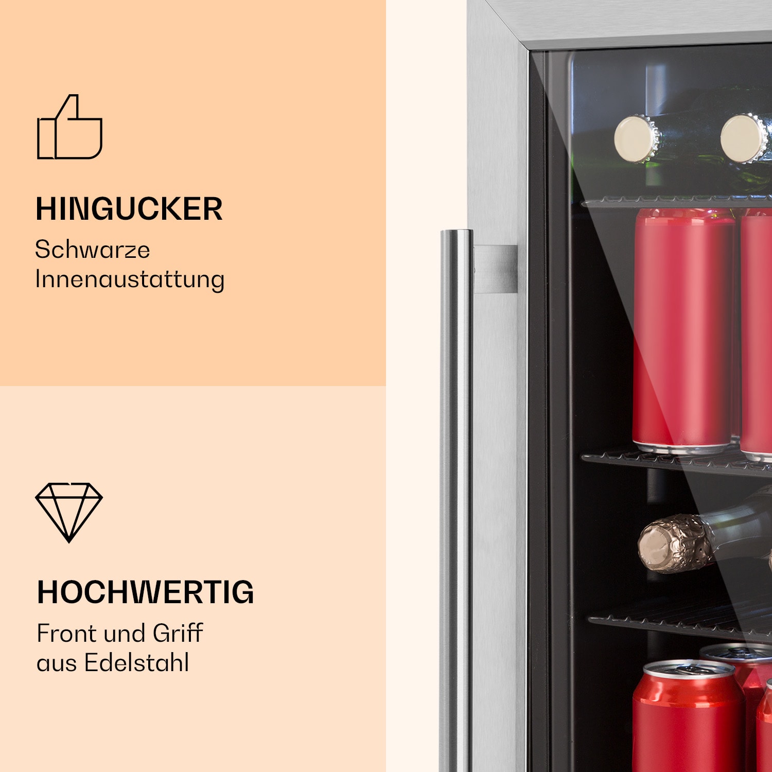 Beersafe 3XL Kühlschrank 98 Liter 4 Böden Panoramaglastür Edelstahl 98 Ltr | Edelstahl
