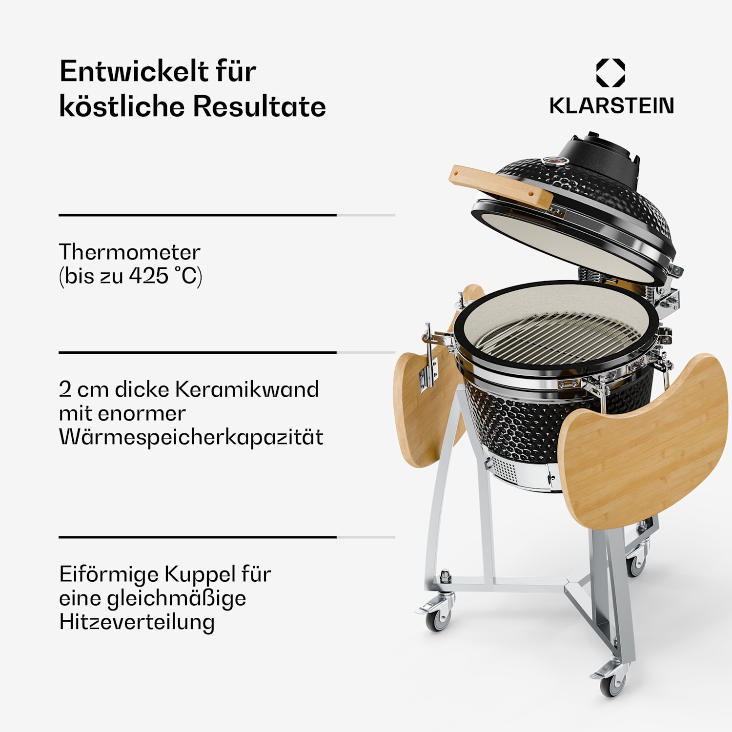 Queensize Kamado Grill Thermometer abnehmbare Seitenteile schwarz 