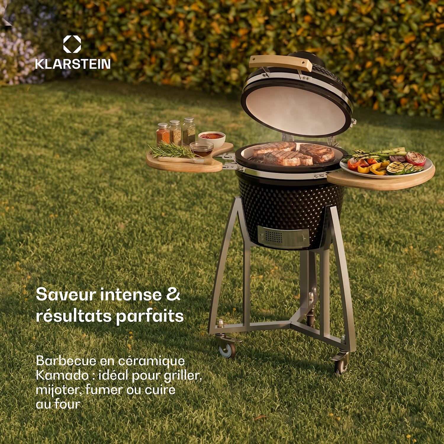 Queensize Kamado barbecue met thermometer zijcomponenten zwart 