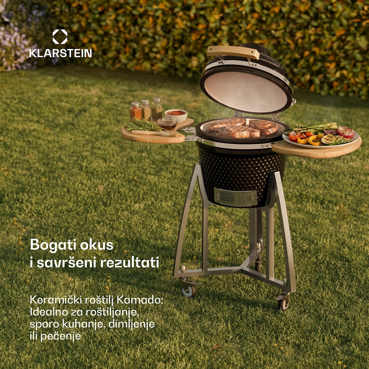 Queensize, kamado roštilj, termometar, odvojive bočne ploče, crni 