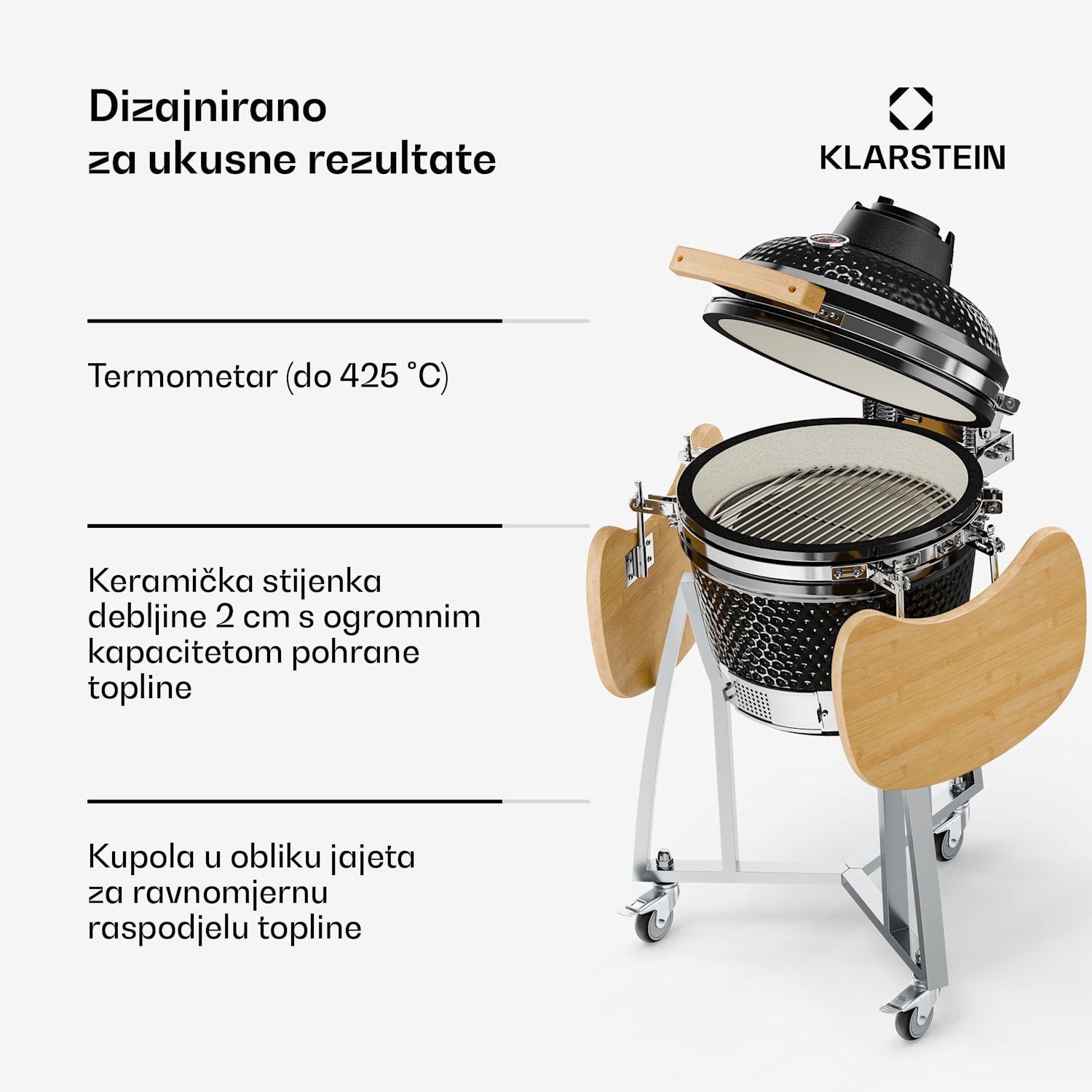 Queensize, kamado roštilj, termometar, odvojive bočne ploče, crni 