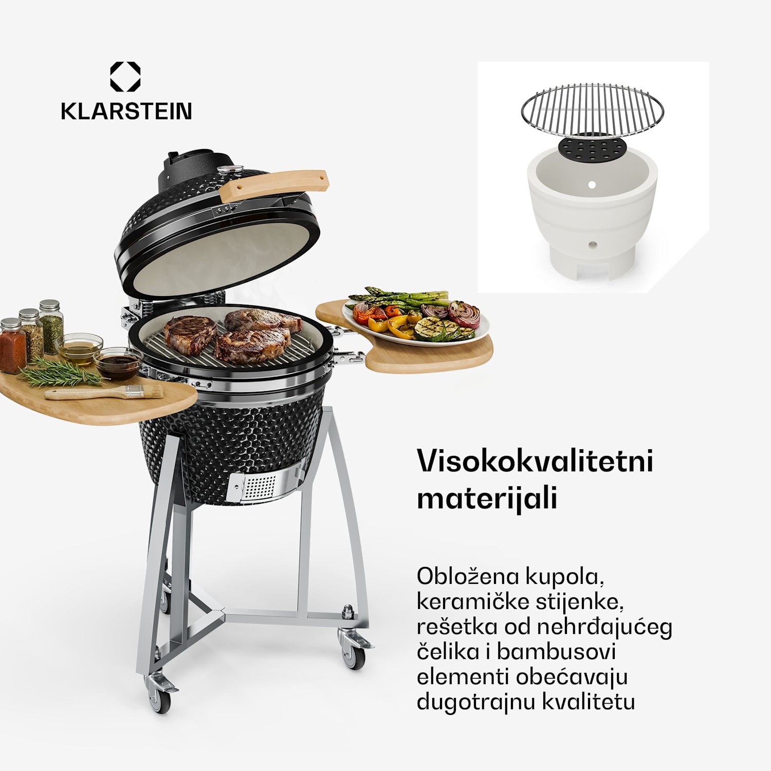 Queensize, kamado roštilj, termometar, odvojive bočne ploče, crni 