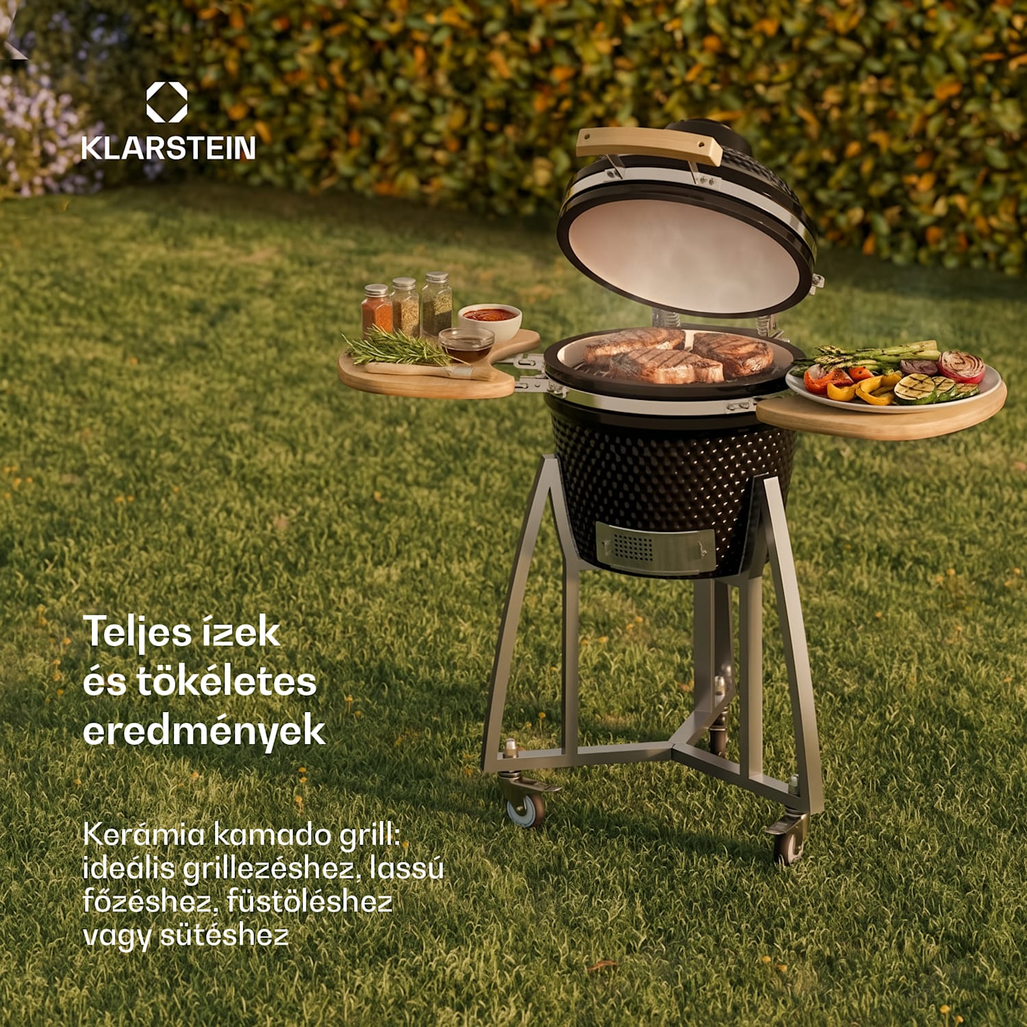 Queensize, kamado grill, hőmérő, levehető oldalsó részek, fekete 
