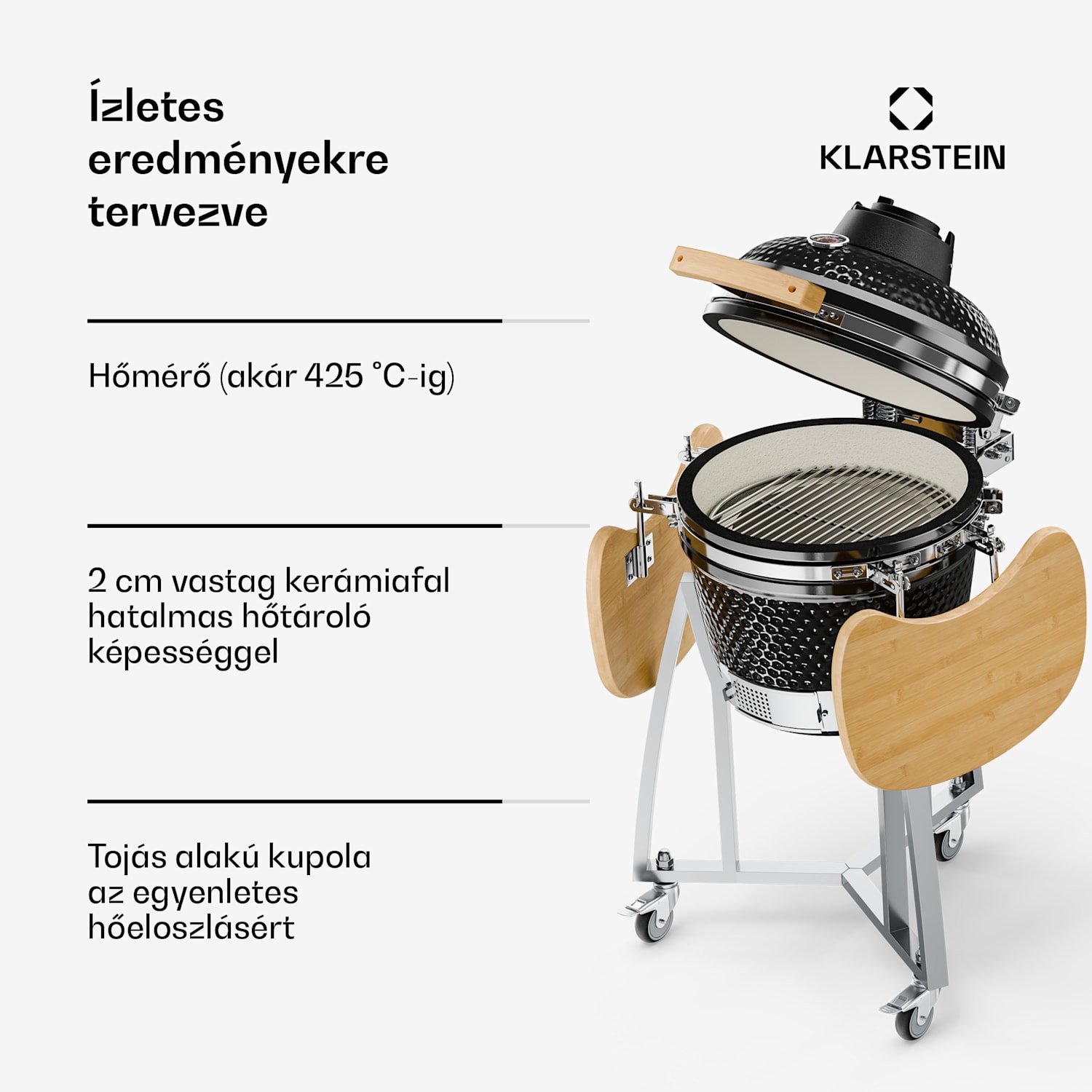 Queensize, kamado grill, hőmérő, levehető oldalsó részek, fekete 