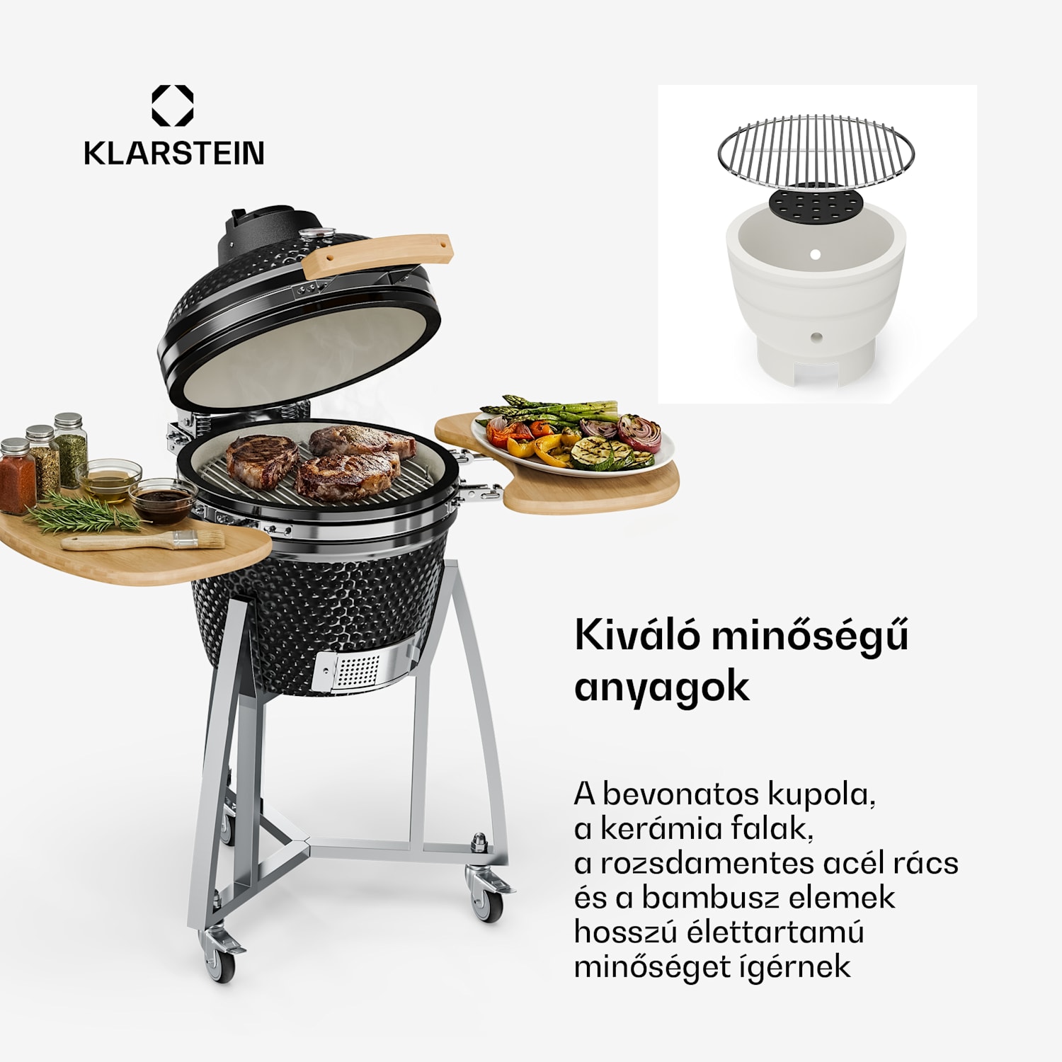 Queensize, kamado grill, hőmérő, levehető oldalsó részek, fekete 