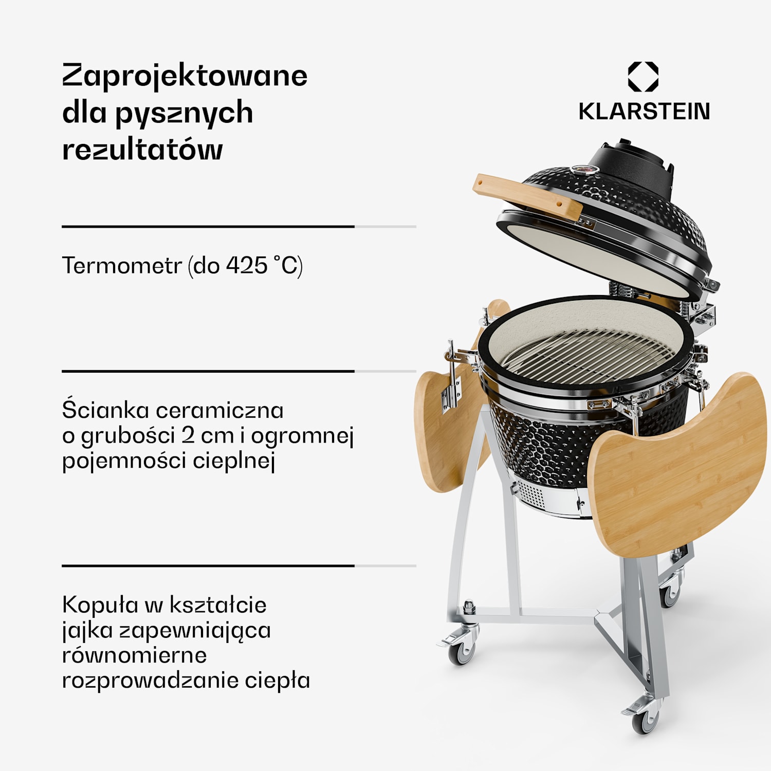 Queensize, grill kamado, termometr, zdejmowane części boczne, kolor czarny 
