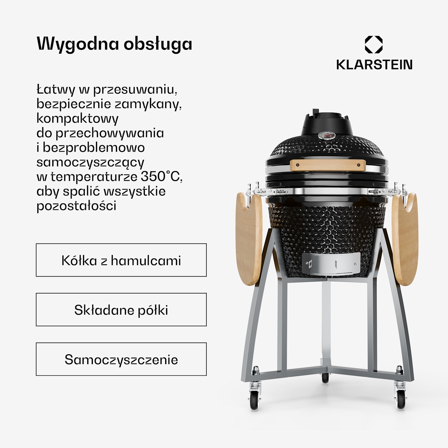 Queensize, grill kamado, termometr, zdejmowane części boczne, kolor czarny 