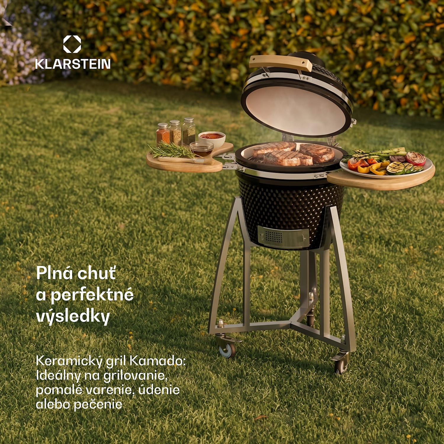 Queensize, kamado gril, teplomer, odnímateľné bočné diely, čierny 