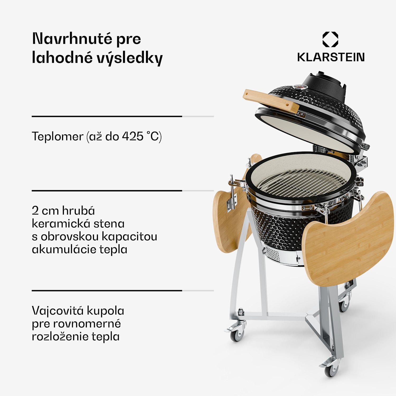 Queensize, kamado gril, teplomer, odnímateľné bočné diely, čierny 
