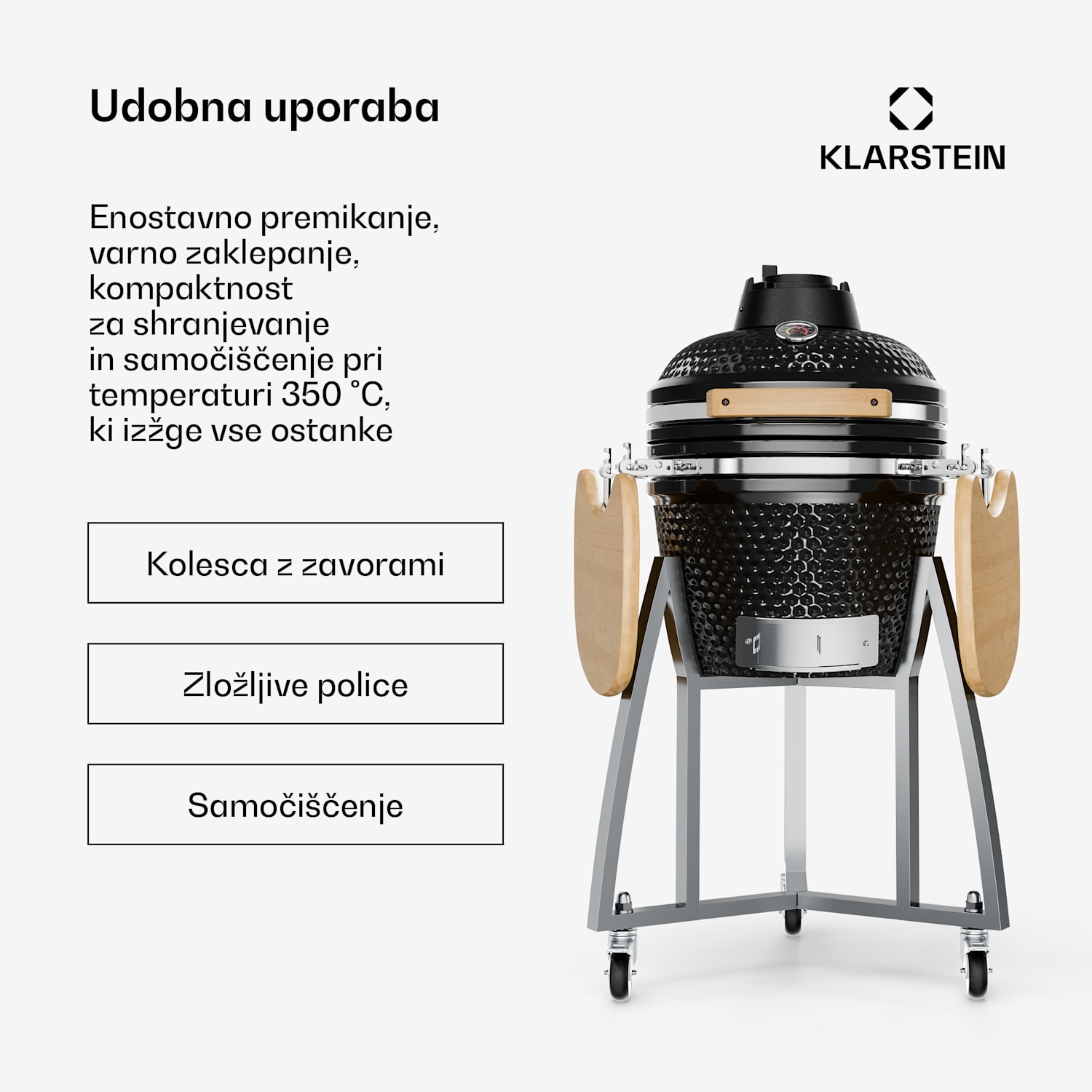 Queensize, kamado žar, termometer, odstranljivi stranski deli, črna 