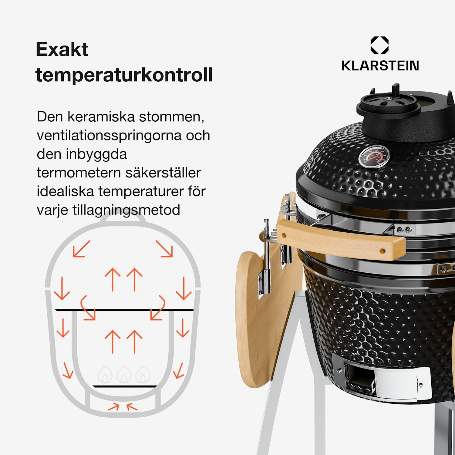 Queensize Kamado grill termometer löstagbara sidodelar svart 