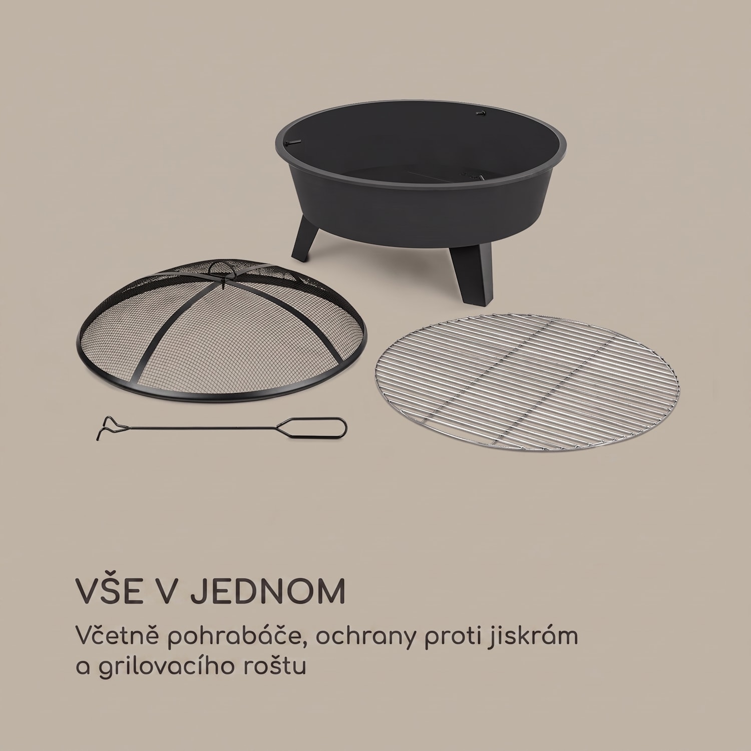 Nolana 2 v 1, ohniště s grilem, Ø 73 cm, grilovací rošt Ø 64 cm, lapač jisker, ocel, černá 