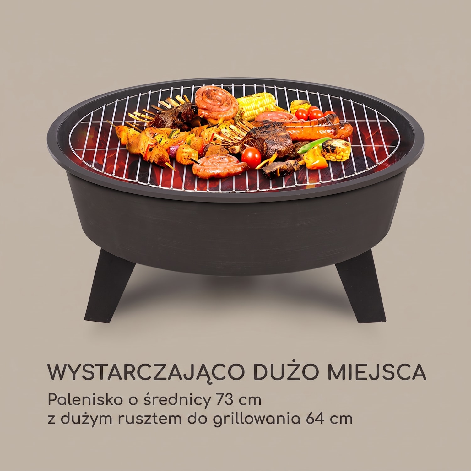Nolana, palenisko ogrodwe 2 w 1, misa paleniskowa Ø 73 cm, osłona przed iskrami Ø 64 cm, grill, stal, kolor czarny 