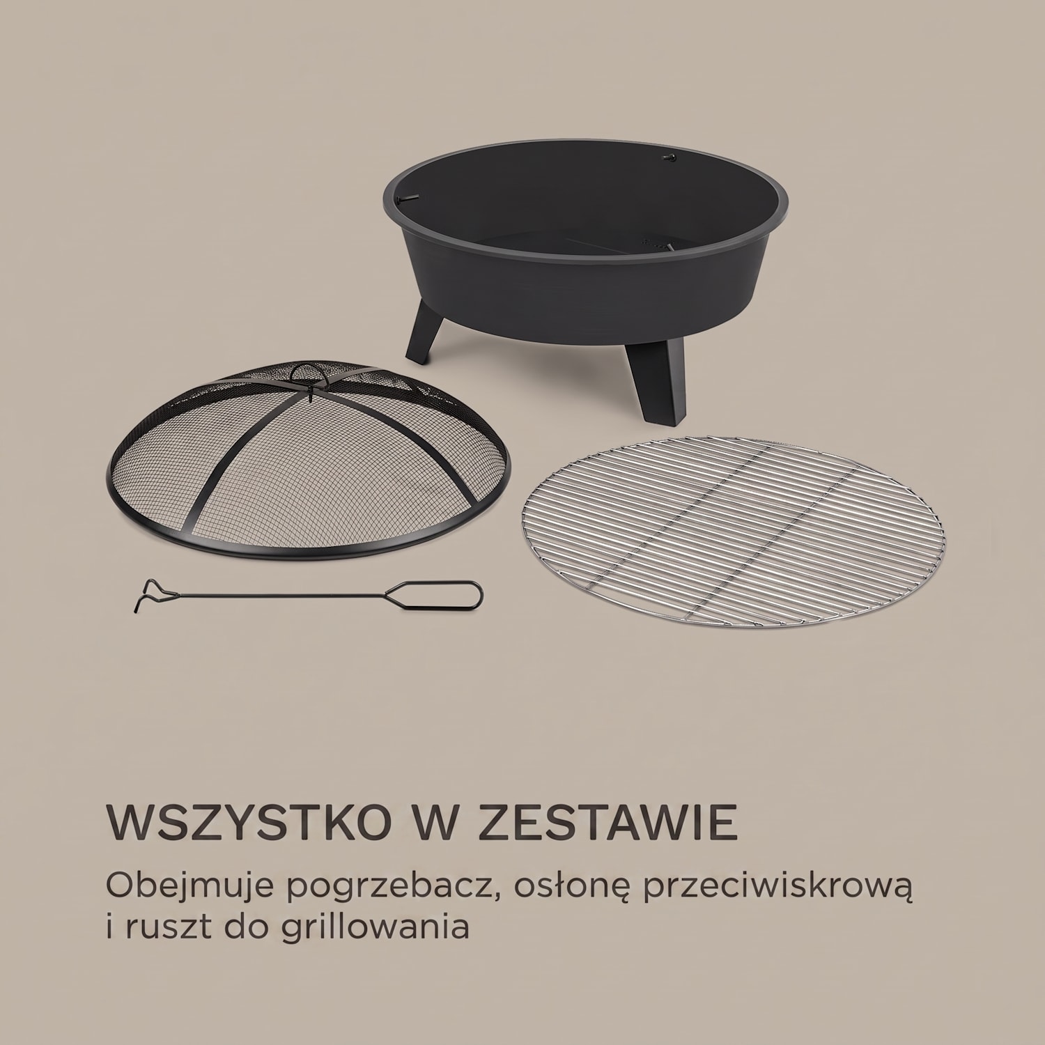 Nolana, palenisko ogrodwe 2 w 1, misa paleniskowa Ø 73 cm, osłona przed iskrami Ø 64 cm, grill, stal, kolor czarny 