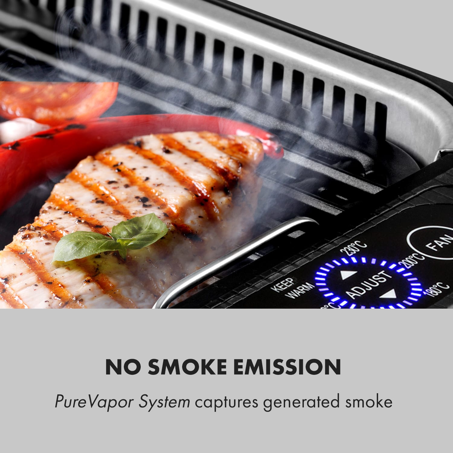 Köfte, elektromos grillsütő, 1500 W, érintésvezérlő panel, vízgyűjtő tálca, fekete 