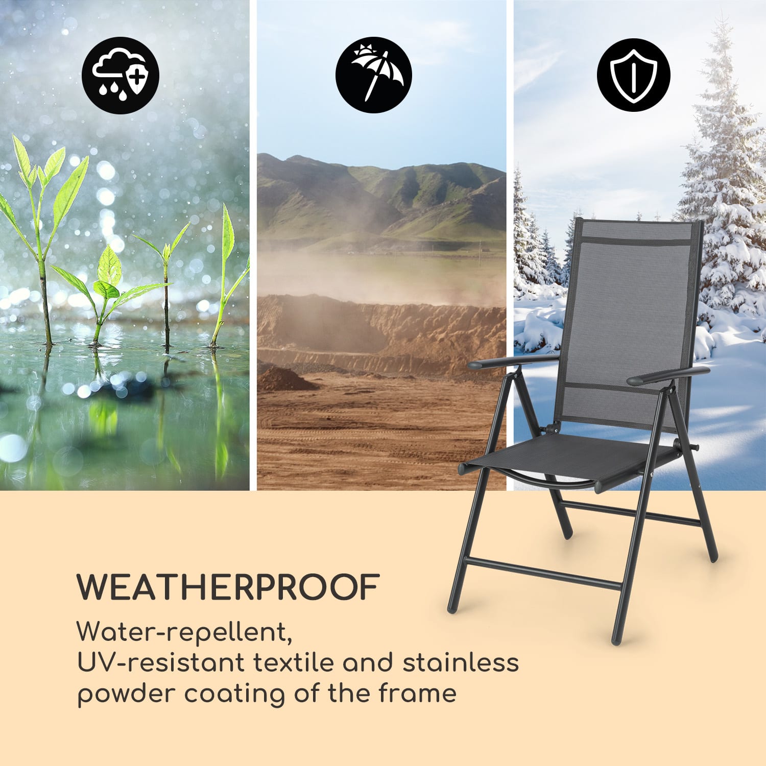 Almeria, skladacie stoličky, 2 ks, 56,5 x 107 x 68 cm, ComfortMesh, antracitová Čierna